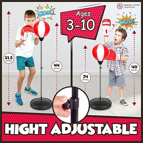 Miniatura 3 de WISHKY SPORT - Saco de boxeo para niños de 3 a 10 años, juego de bolsa de boxeo con soporte ajustable en altura, regalo ideal de Navidad y