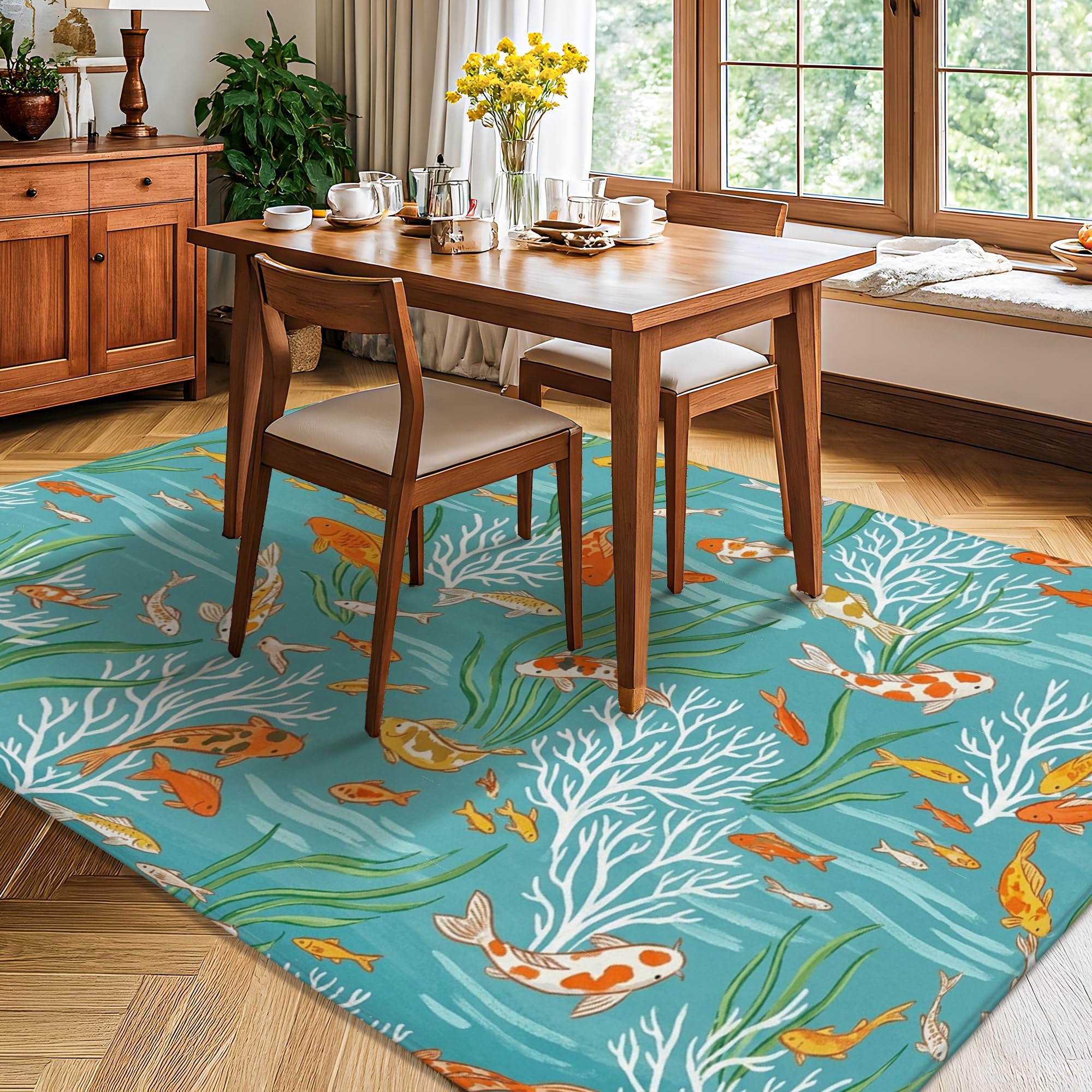 Alfombra de área de peces de carpa, naturaleza acuática, algas marinas de verano, turquesa, antideslizante, rectangular, alfombras de suelo para sala de estar, dormitorio, decoración de comedor, hogar