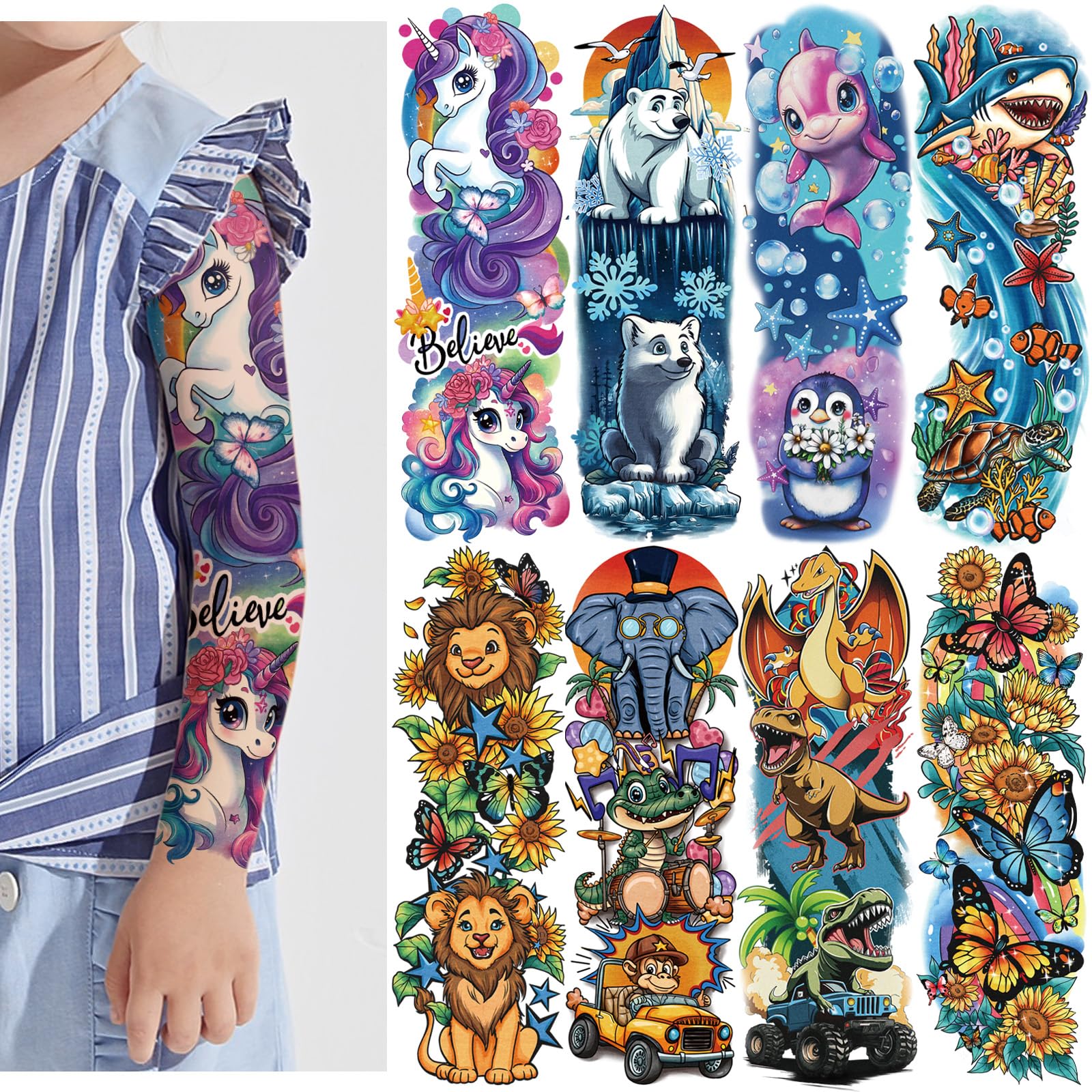 Kids Full Arm Sleeve Temporary Tattoos for Kids Boys Girls, 52-Piece Fake Tattoos with Lion Dinosaur Shark Dolphins Butterfly Elephant Design for Party, Festival, Pool, Beach, Rave Accessories Kids Tattoos 5