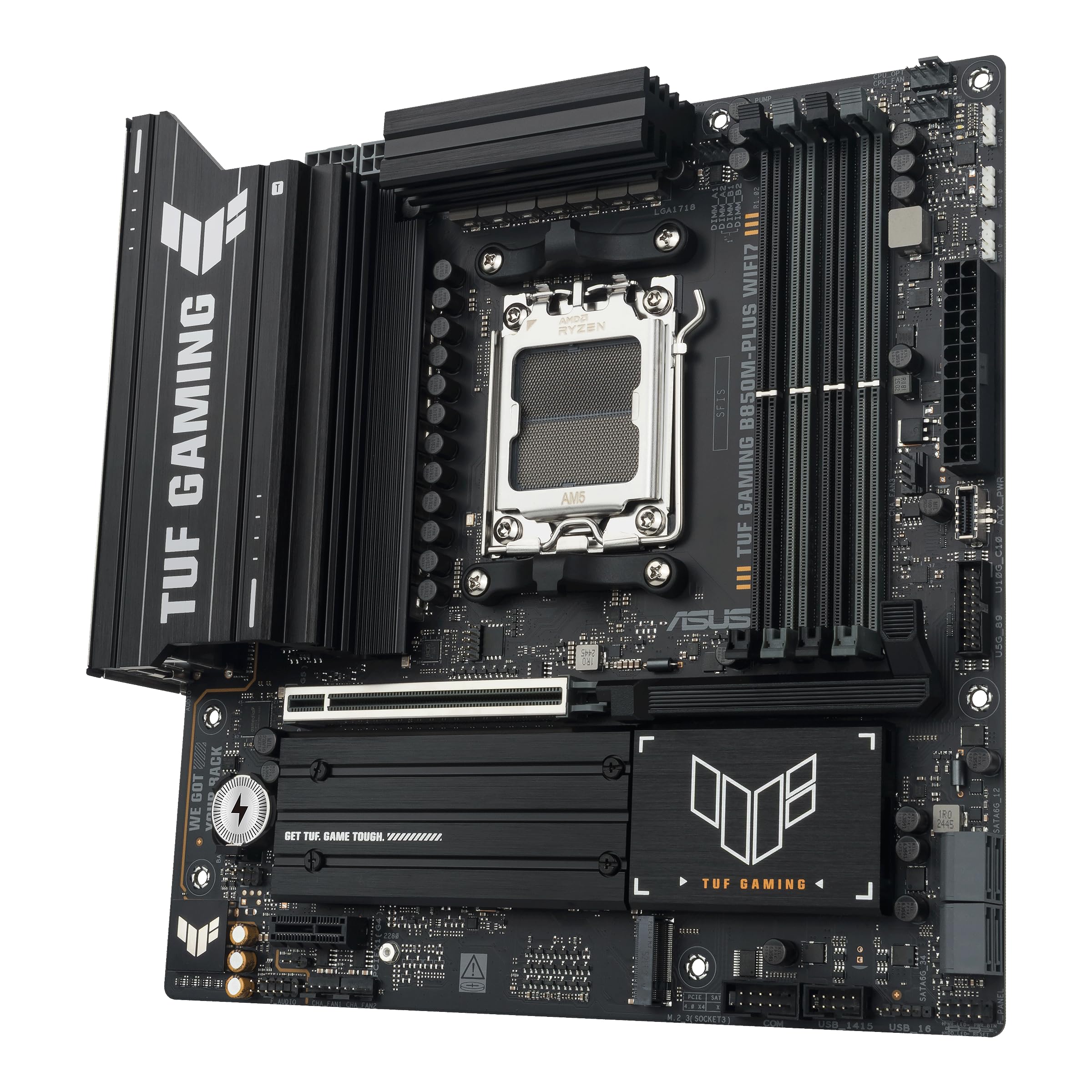 TUF Gaming B850M-PLUS WIFI7 Carte mère AMD B850 mATX, 14+2+1 80 A DrMOS Power Stages, DDR5, PCIe 5.0, 3 emplacements M.2, WiFi 7, Ethernet 2,5 Go, DisplayPort, HDMI, USB-C arrière 20 Gbit/s et USB-C