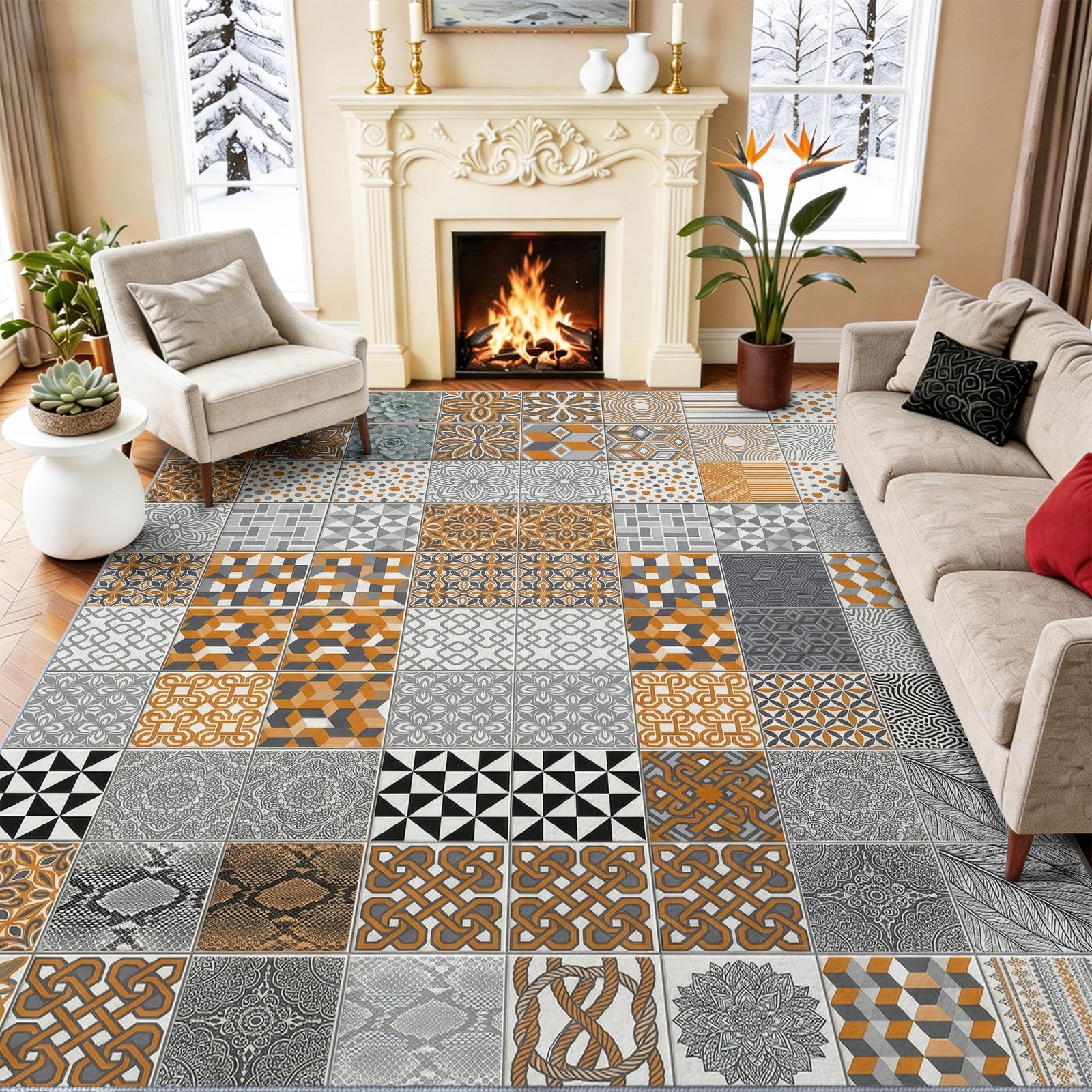 Tapis à poils ras de salon 100 x 150 cm, Antique Brun Lavable en Machine Carreaux De Céramique Géométriques Floraux Mailles Imprimé moquette, Pare-humidité Antidérapante Doux Tapis pour Salle à manger