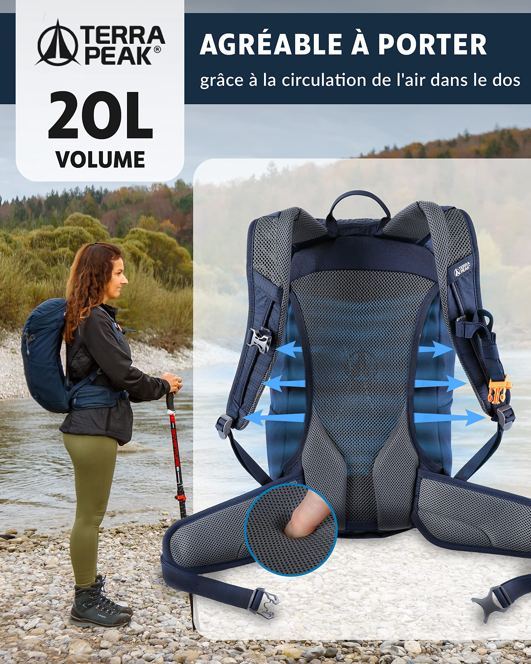 Terra Peak® Sac à dos de randonnée 20, 30, 40 L pour homme et femme (AIRANT) - Sac à dos de trekking, de voyage et d'alpinisme (ergonomique, imperméable) avec ventilation au niveau du dos (respirant)