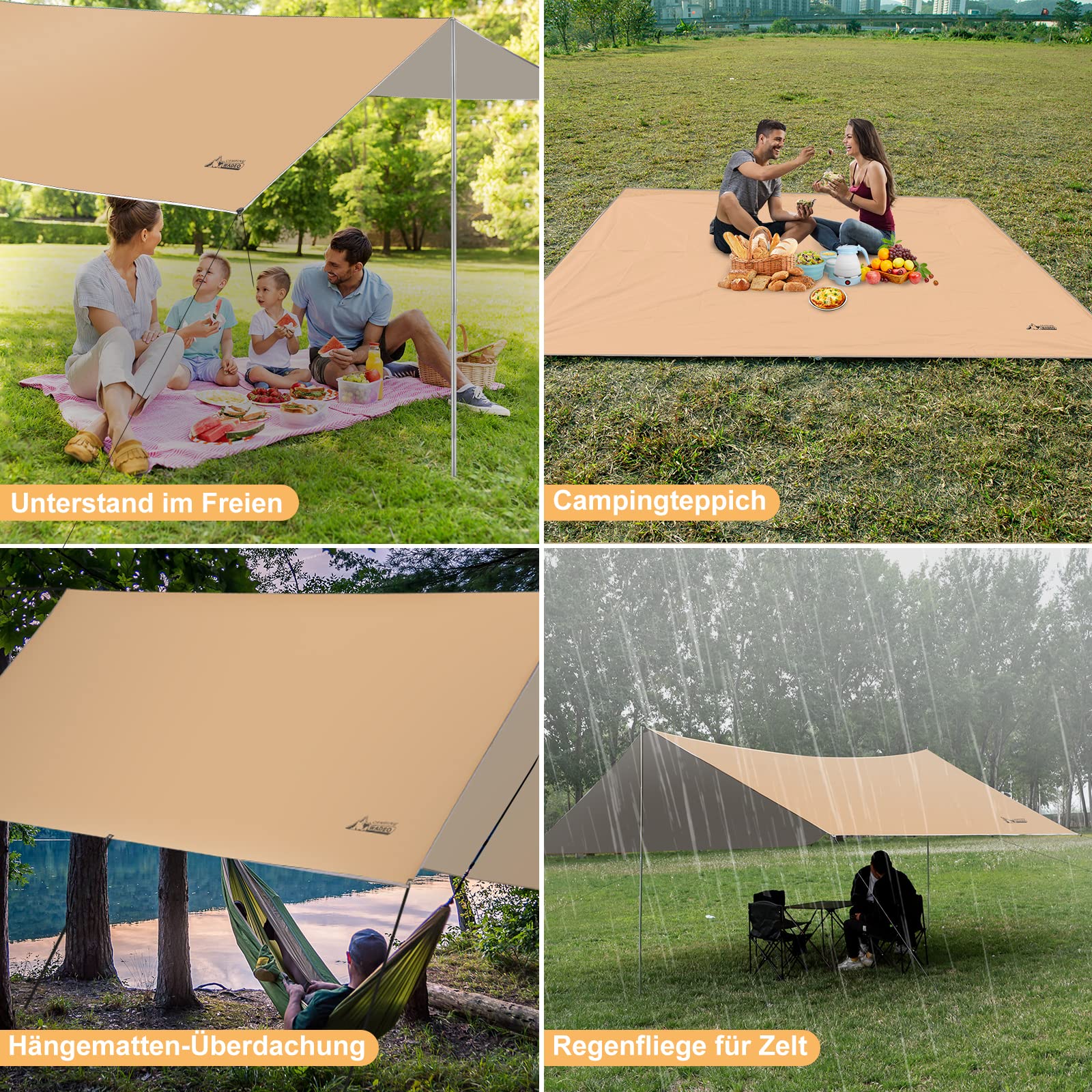 WADEO Camping Zeltplane wasserdicht 4 x 3 m, Plane Regenfliege mit Stangen Heringen Zeltspannleinen, Ultraleichtes Camping Tent Tarp, Khaki