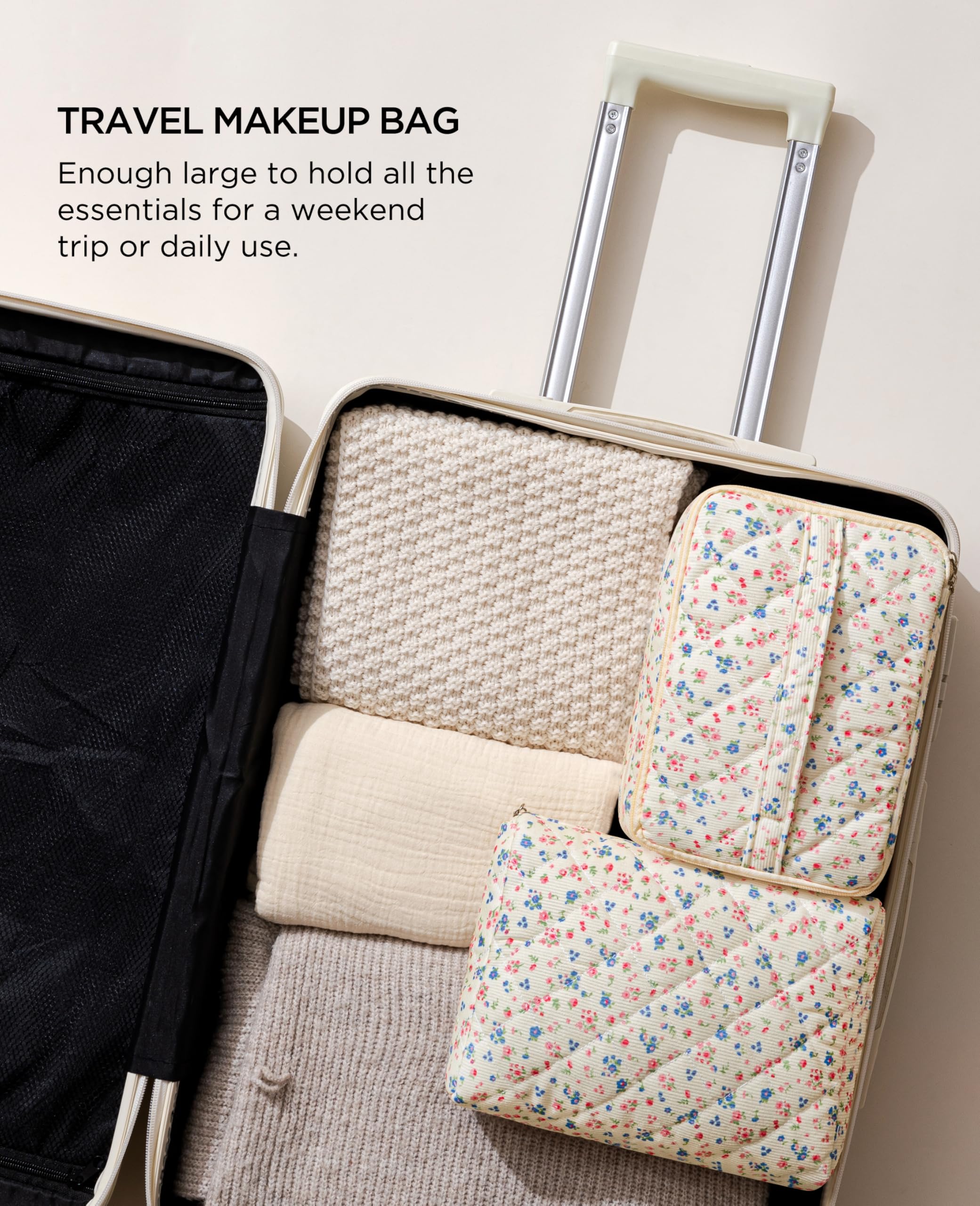 HBselect Reise-Make-up-Tasche, große Baumwolle, gesteppt, Make-up-Tasche, Kosmetiktasche, niedliche Make-up-Tasche, Kulturbeutel für Damen und Mädchen, 2 Stück, 2 x Blumen-3, 10.1 x 5.3 x 5.9 inches