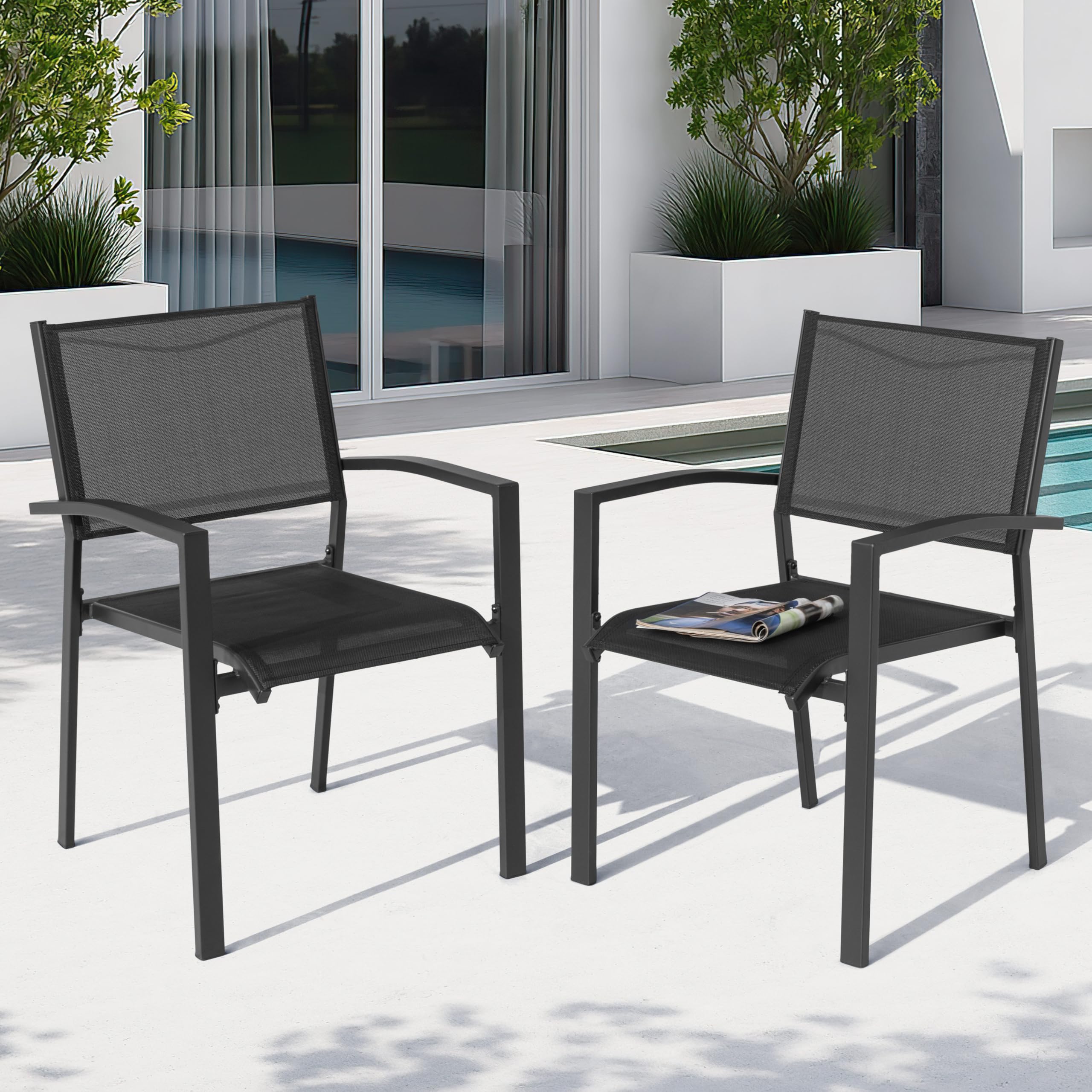 Avestar Ensemble de 2 Chaises de Jardin Extérieur en Textilène Respirant, Fauteuil, Chaises de Table de Jardin, Chaise Empilable pour Toutes Les Conditions Météorologiques, Noir