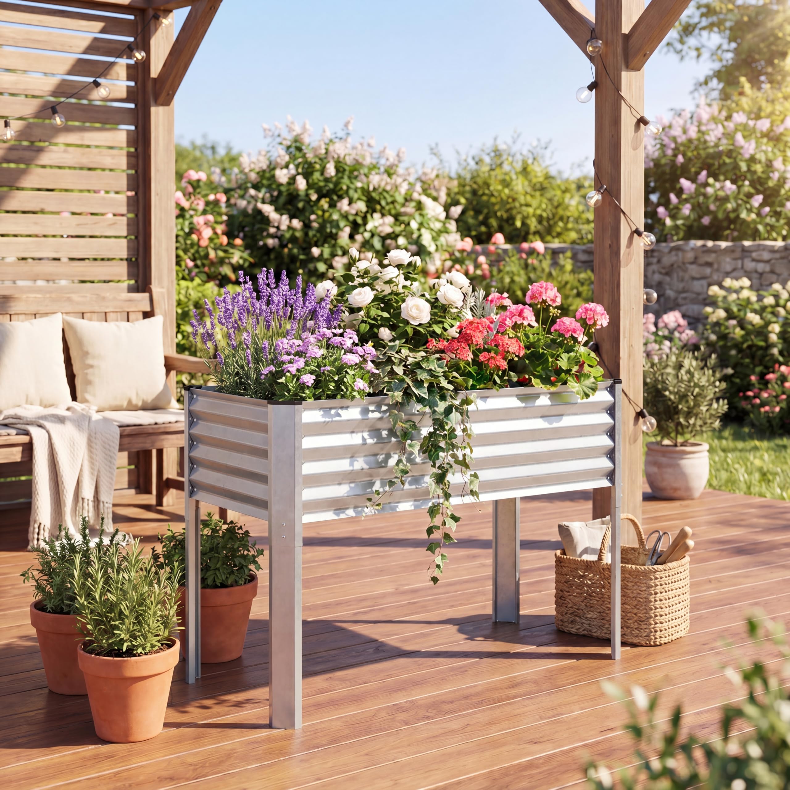 GOPLUS Jardiniere sur Pieds Surélevé en Métal, 118x60x77,5 CM, Carre Potager Rectangulaire Épais, Système de Drainage, Charge 50KG, Ergonomique, Potager sur Pieds pour Jardin, Terrasse (Argenté)