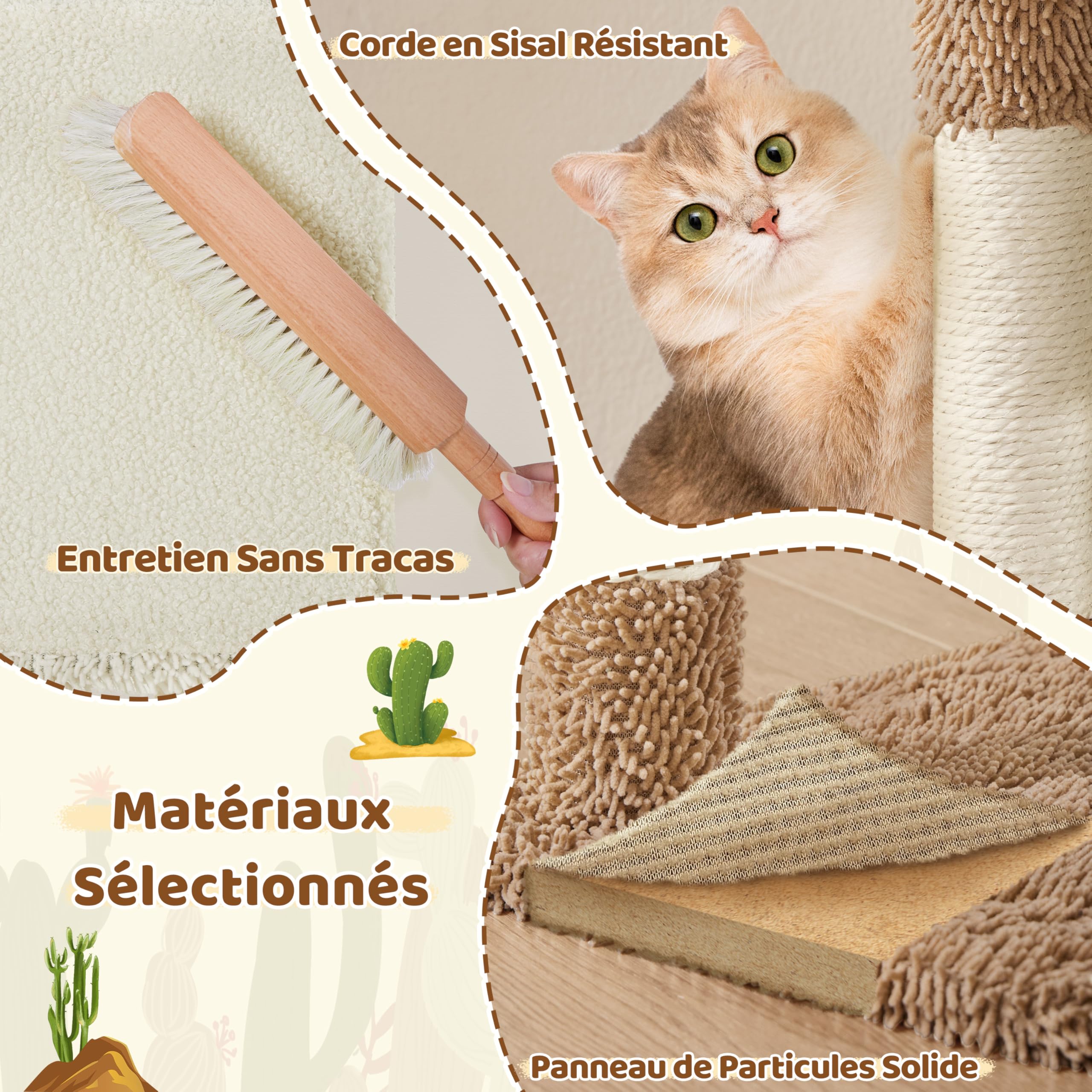 Yaheetech Arbre à Chat Cactus Hauteur 106,5 cm Tour pour Chat en Tissu Moppy avec Poteaux en Sisal Plateformes Niche Panier Perchoir Griffoirs Maison (Beige/Marron)