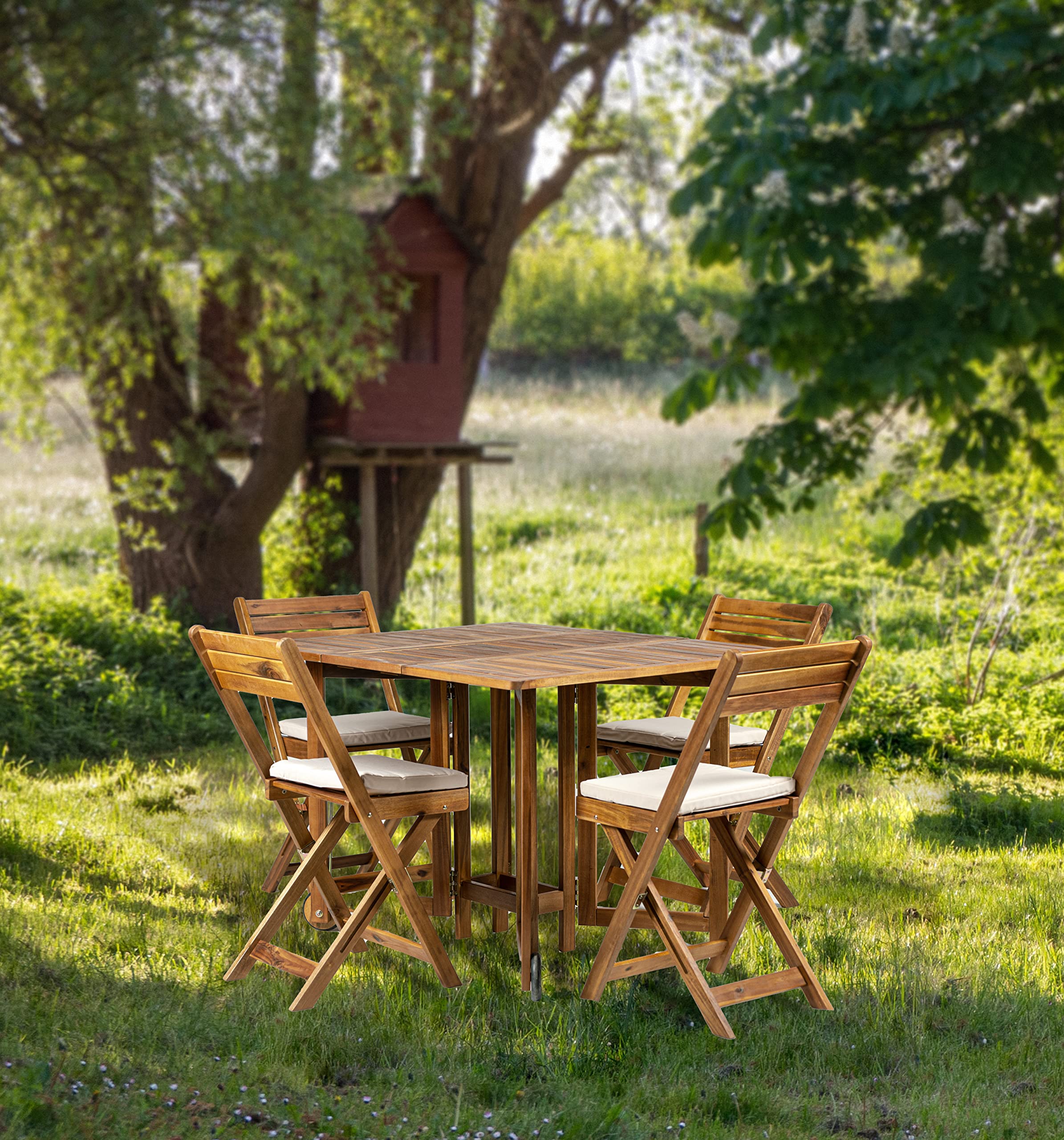 Set da giardino in legno di acacia con 4 sedie pieghevoli e un tavolo