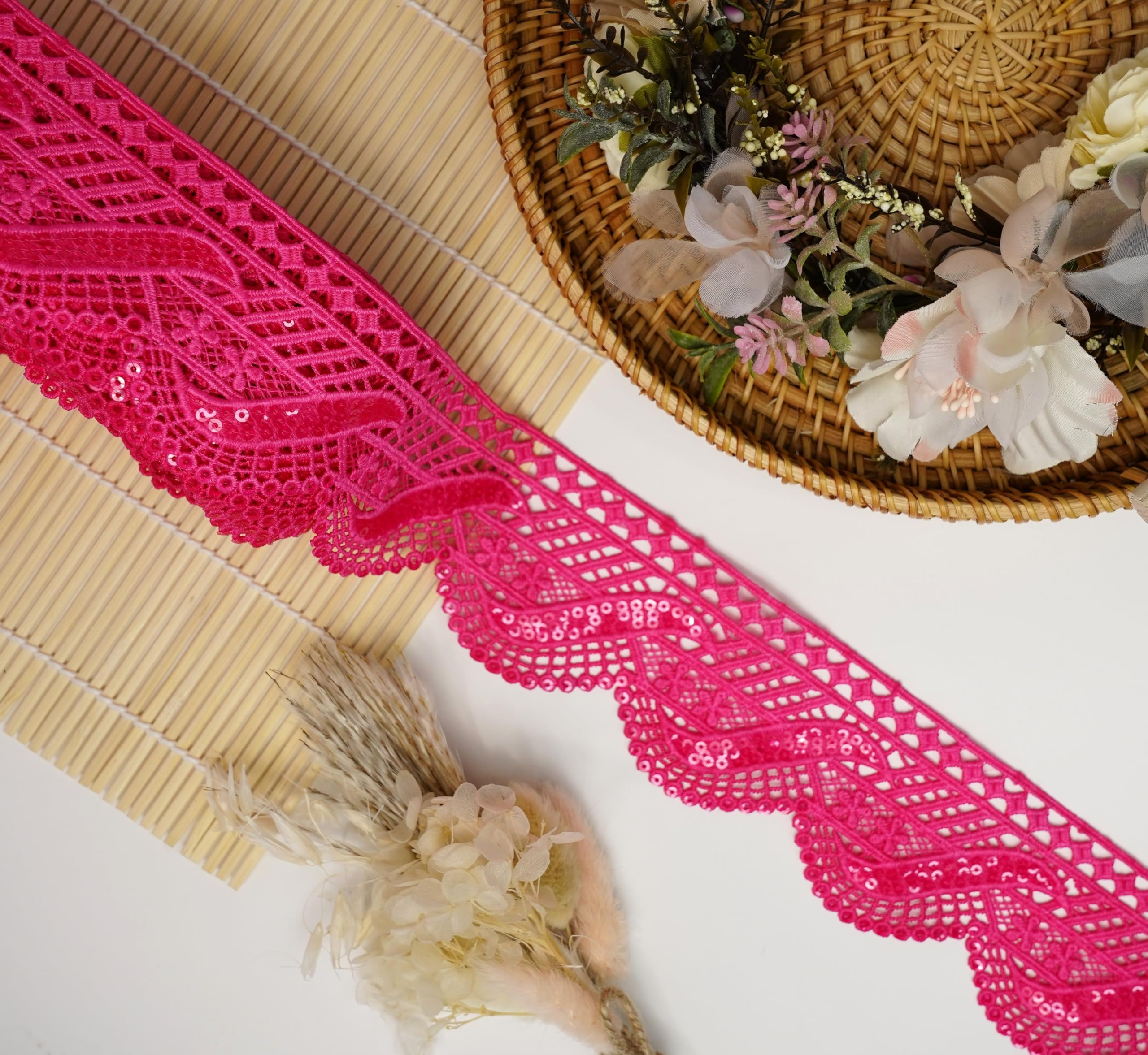 Feathers Creation Ltd 2 Meters Assorted Colour Sequence Polyester Embroidery Lace Trim Guipure Edging Sewon Scalloped Embellishment for altration,Decoration 6 Cm Wide (Hot Pink)
