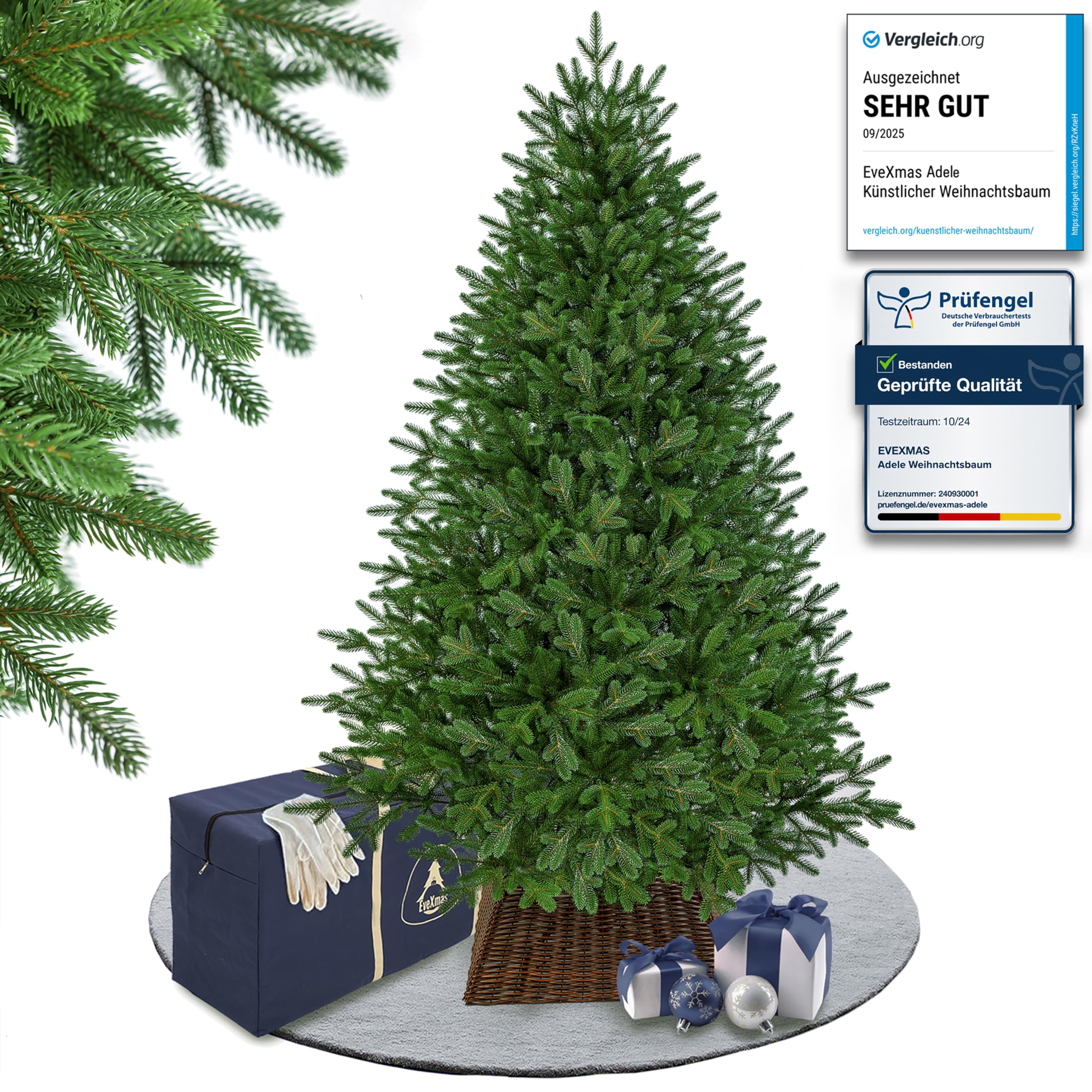 EveXmas - Adele Grün-185 cm- 100% Spritzguss-Künstlicher Weihnachtsbaum-Tannenzweige aus 100% Polyethylen- auf Metallständer- Aufbewahrungstasche und Baumkorb im Lieferumfang enthalten