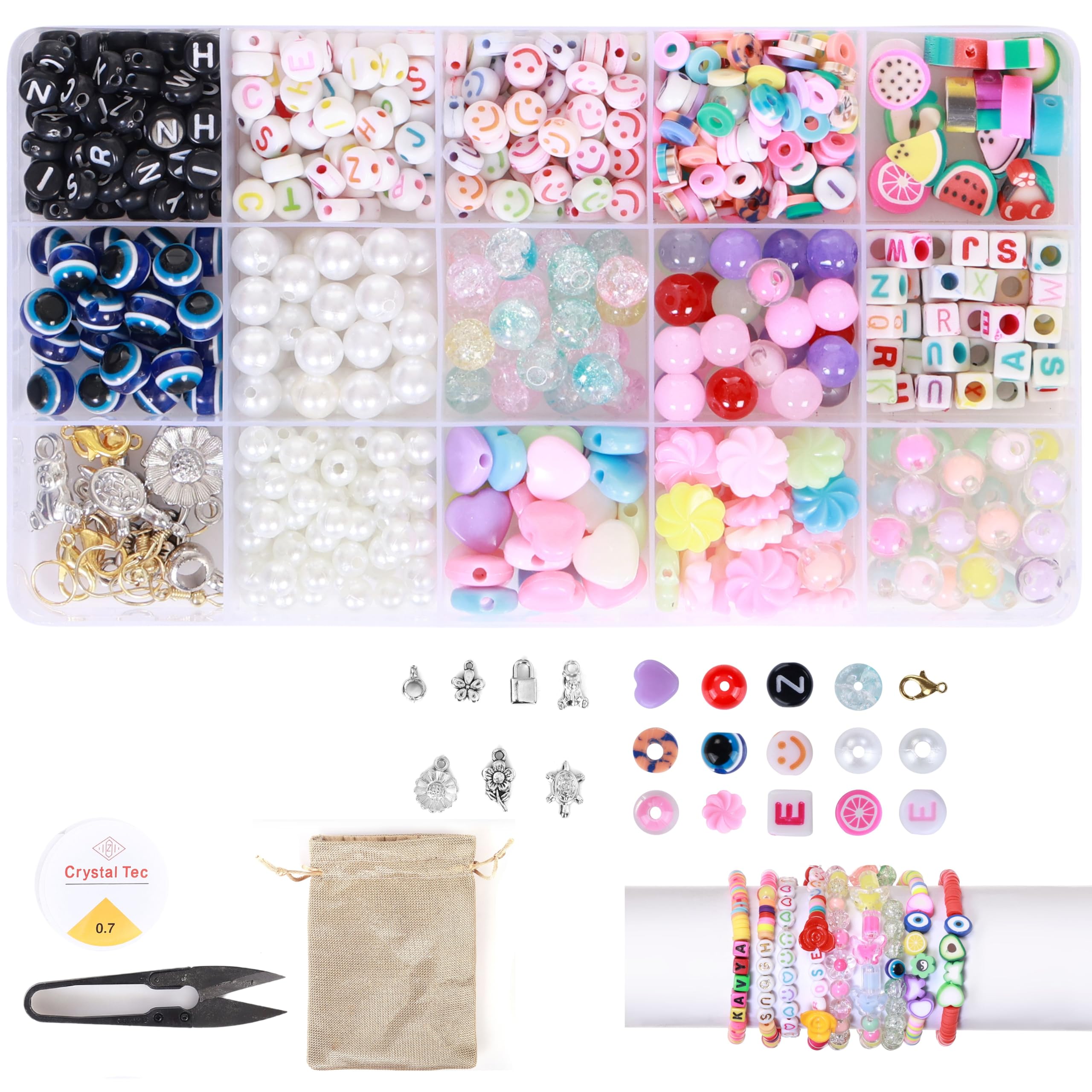 Ambitieux 15-Compartment Bracelet Making Kit for Girls & Kids – 400+ Beads Including Evil Eye, Pearl, Alphabet, Smileys,