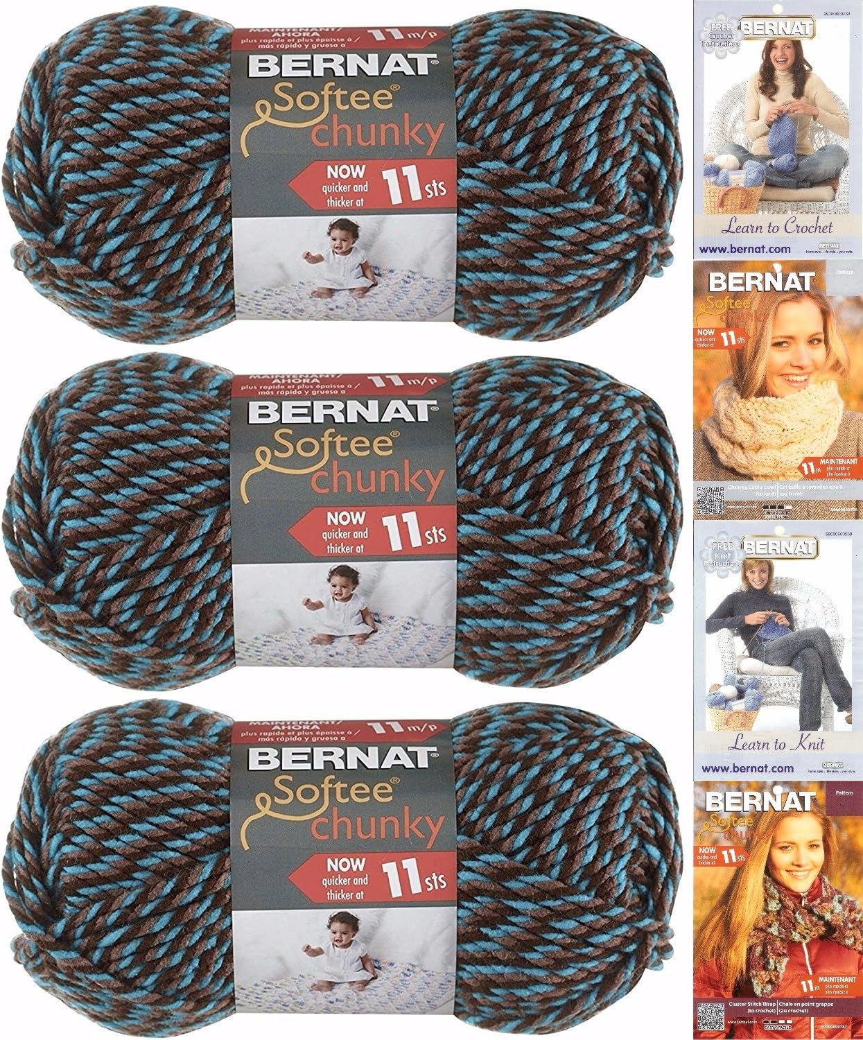 Bernat Softee Chunky Yarn Bundle Super Bulky #6, 3 Skeins Teal Twists 28342,green/blue,large