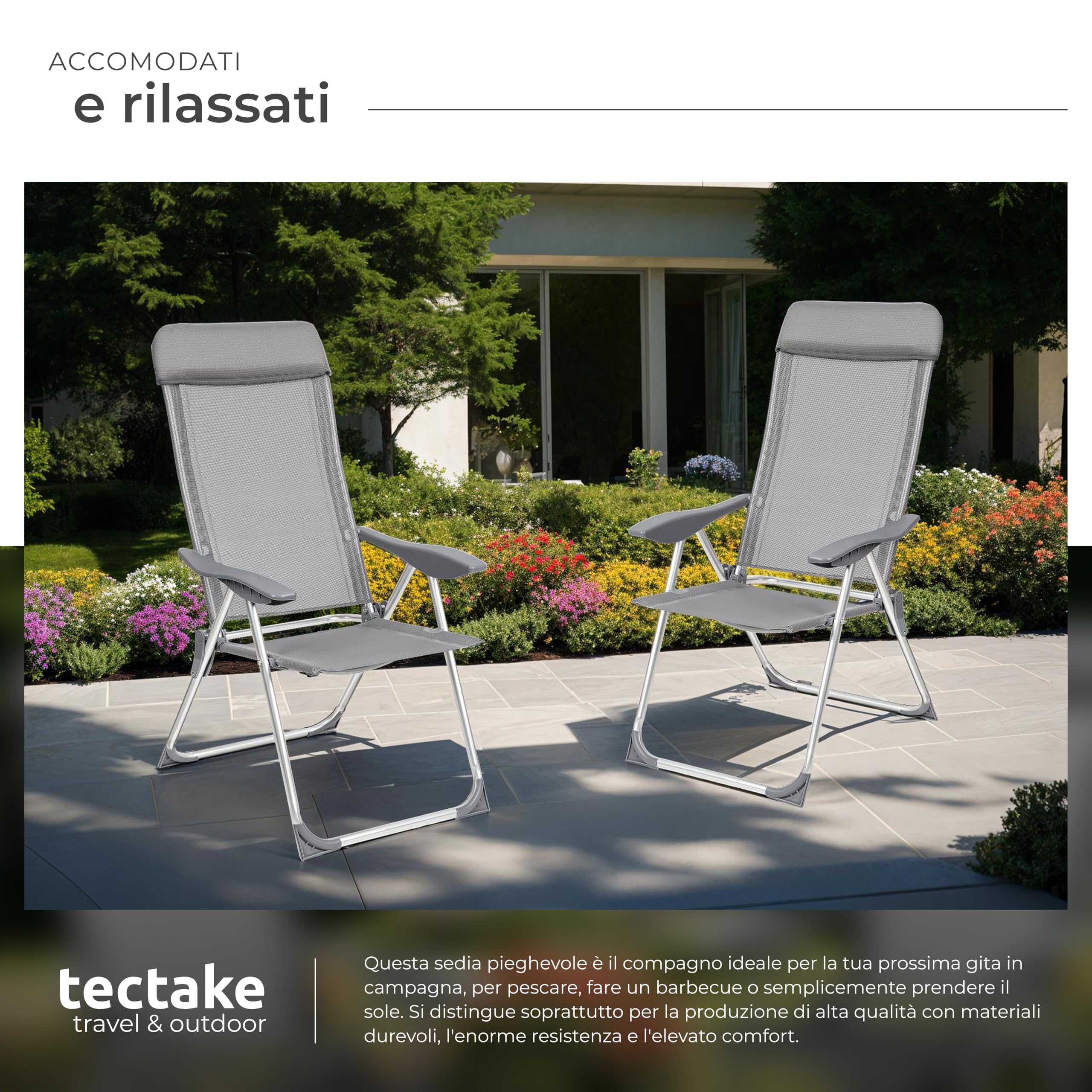 Tectake Set 4 Sedie da Giardino Pieghevoli con Braccioli, Rete Ventilazione, Schienale Regolabile 5 Posizioni, Grigio