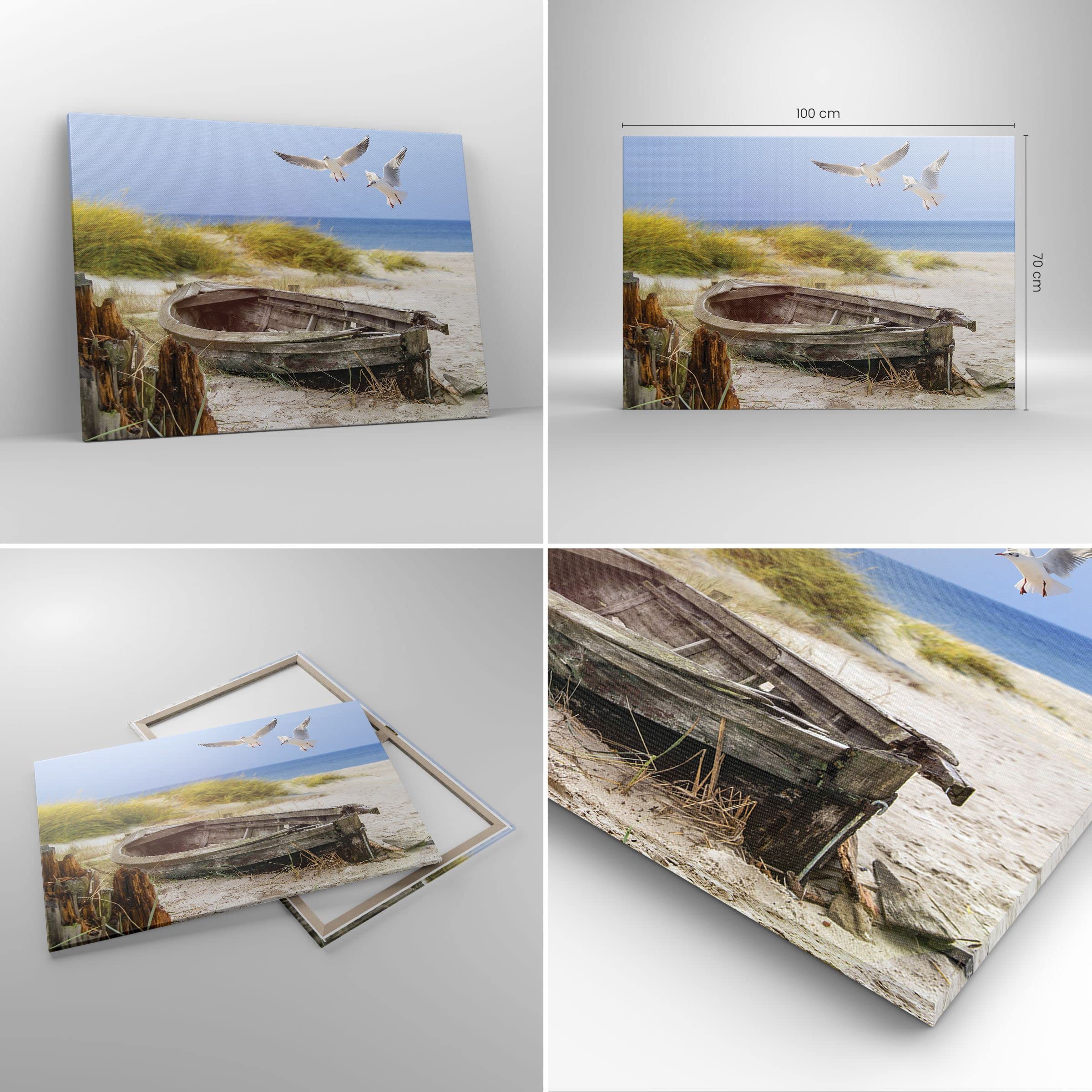 Bilder auf Leinwand 100x70cm Leinwandbild mit Rahmen Strand Möwen Łódź Groß Wanddeko Bild Schlafzimmer Küche Deko Wandbilder Dekoration Wohnzimmer Wall Decor Canvas Wand Kunstdruck Art AA100x70-4170
