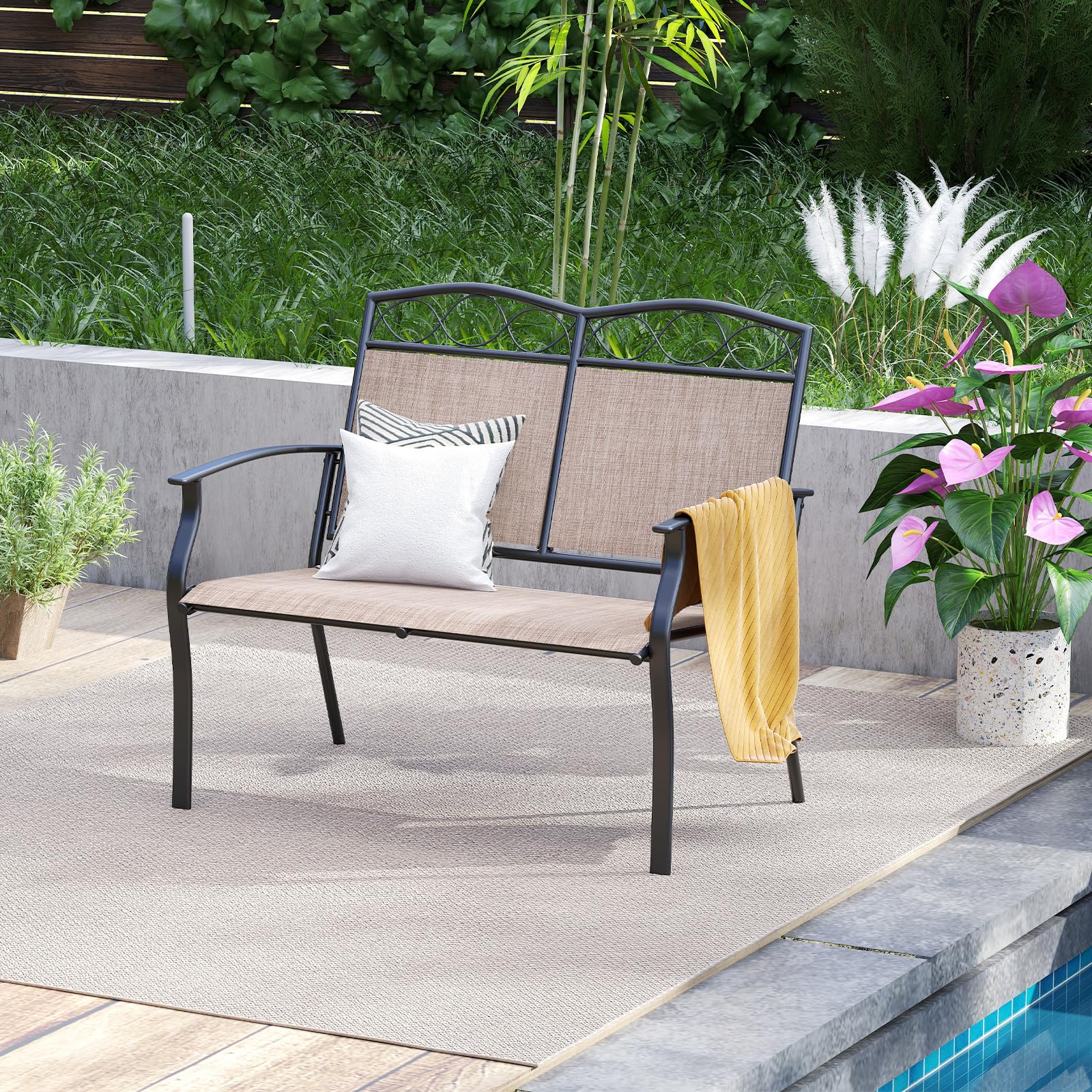 COSTWAY Gartenbank wetterfest, Outdoor Sitzbank für 2 Personen, Balkonbank mit Metallrahmen, atmungsaktivem Stoff, bis 300 kg belastbar, für Garten, Balkon, Terrasse