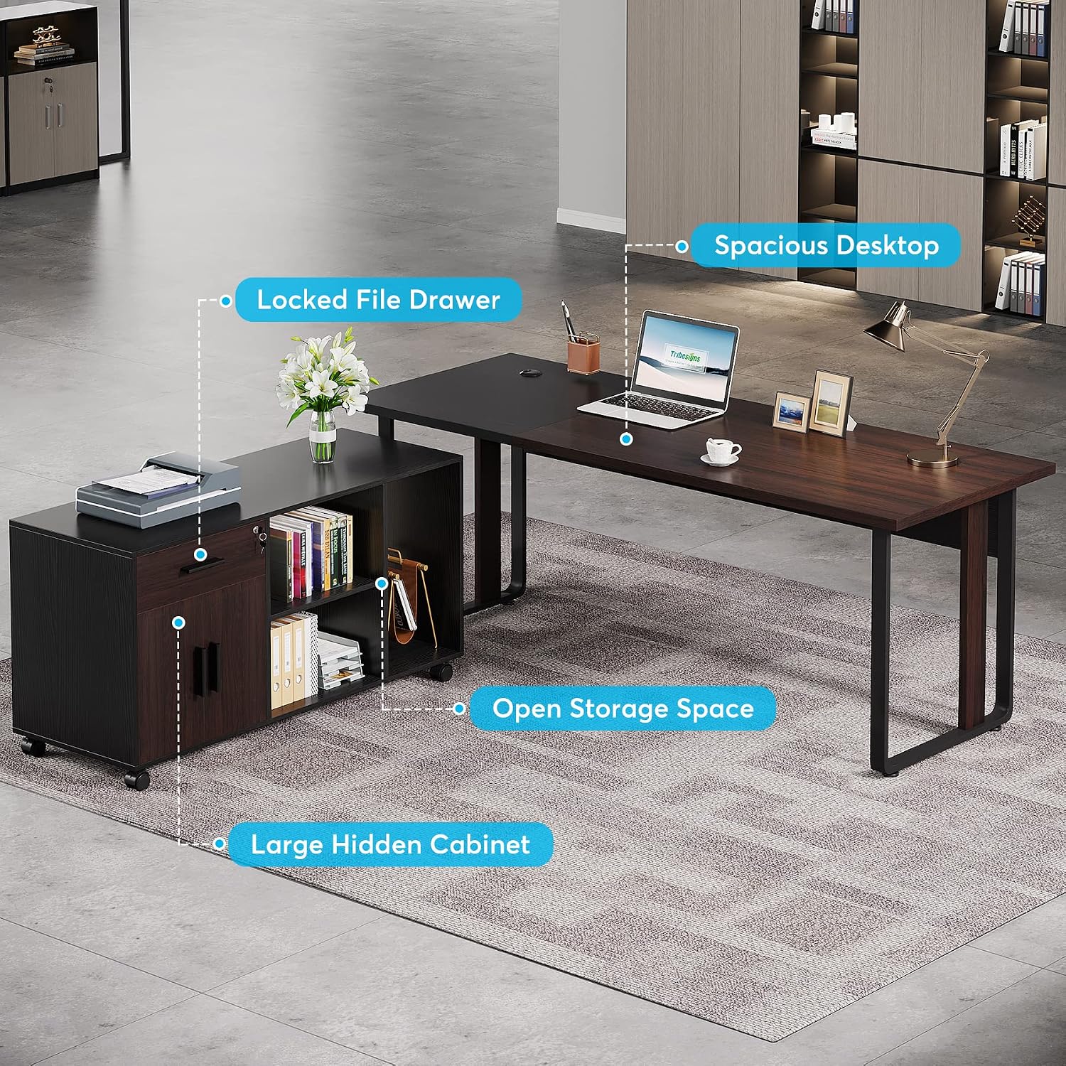 Diagram highlighting key features of the Tribesigns L-shaped desk and cabinet, including locked file drawer, open storage, hidden cabinet, and spacious desktop.