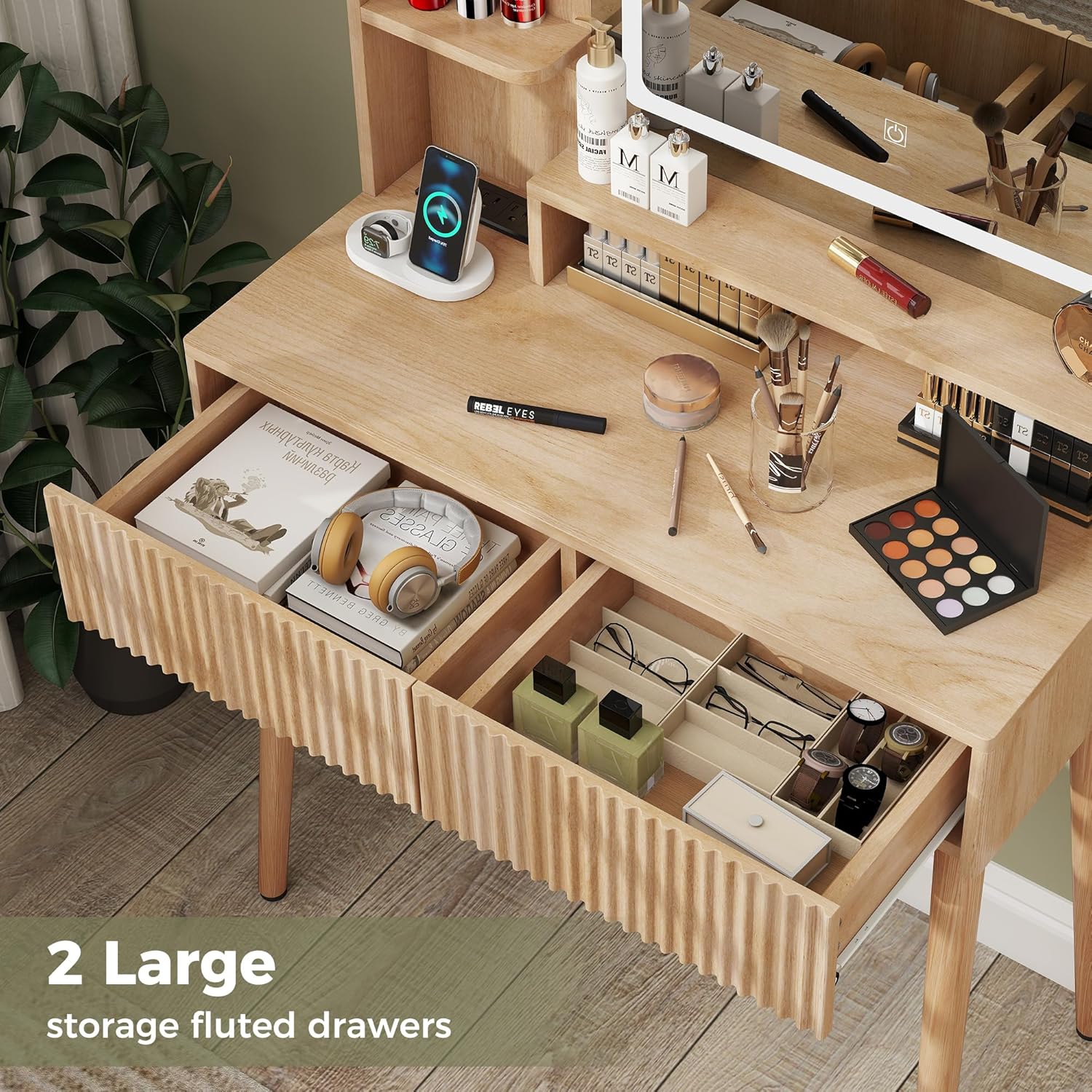 Miereirl Vanity Desk with Mirror and Lights, 31.5" Fluted Drawers Adjustable Brightness Makeup Vanity with Charging Station, Small Vanity Table Set with Solid Wood Legs for Bedroom, Natural Oak