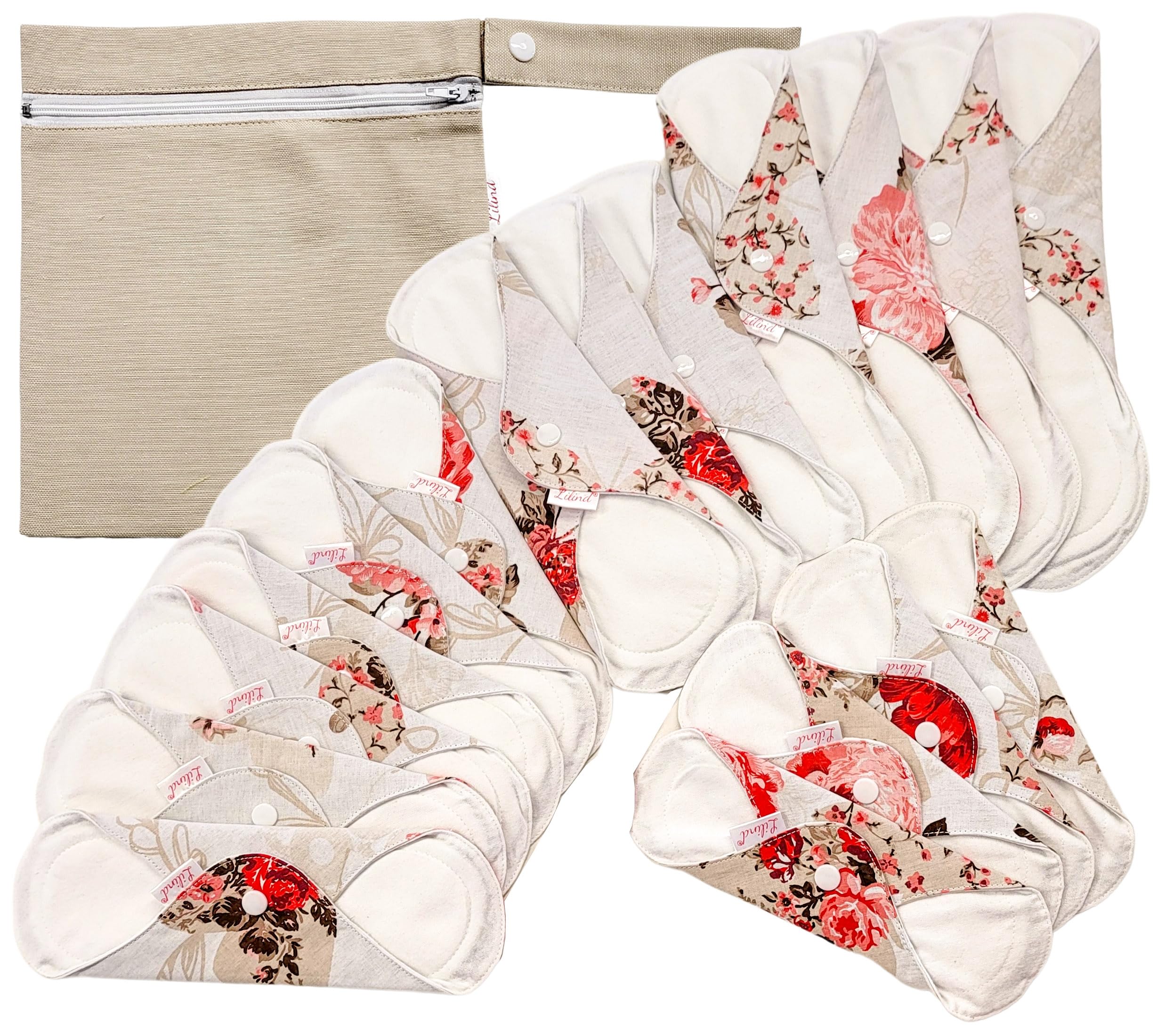 Lilind® 17 Pack Jumbo Set Organic Cloth Pads, Reusable Washable Menstrual Family Cloth, Zero Waste 100% Cotton, Random Flowers Prints