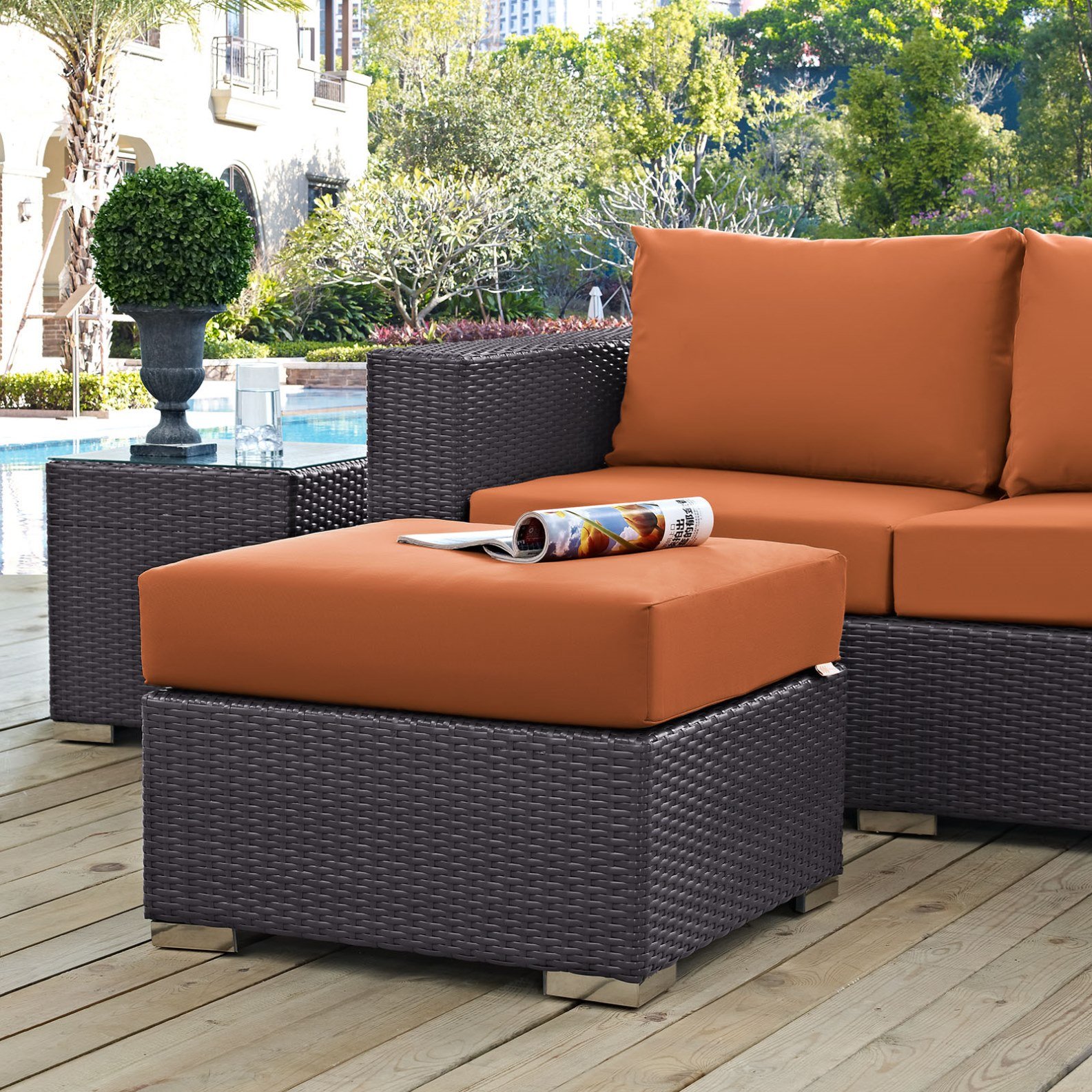 Modern Contemporary Urban Design Outdoor Patio Balcony Square Ottoman, Orange, Rattan
