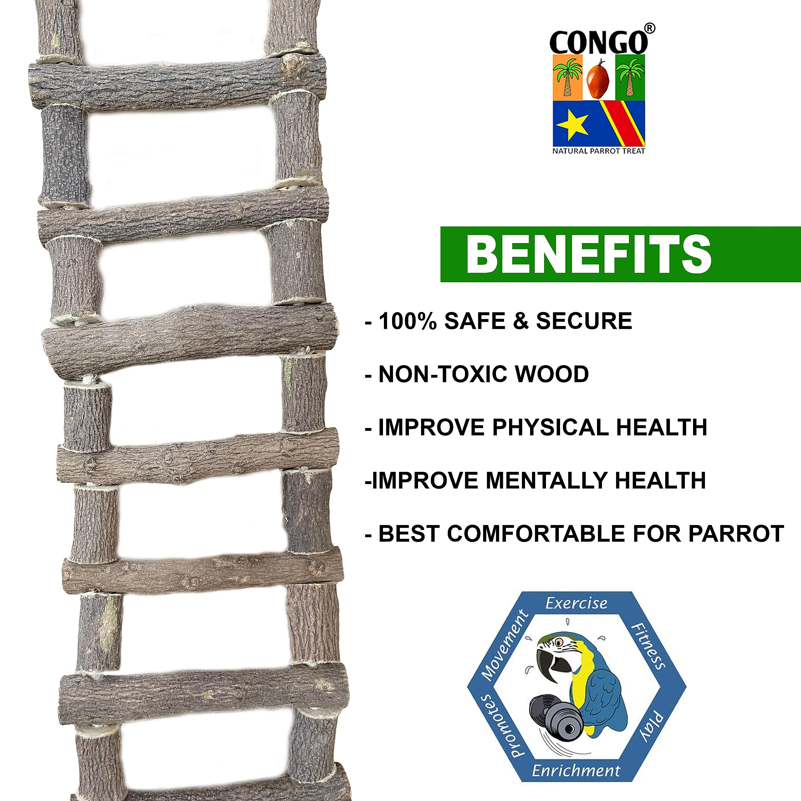 Congo® Bird Safe-Chew 24 inch Wooden Ladder Bridge | for Climbing & Chewing | Fun-Full Toy for Conure, African Grey, Amazon and Macaw Piece of 1