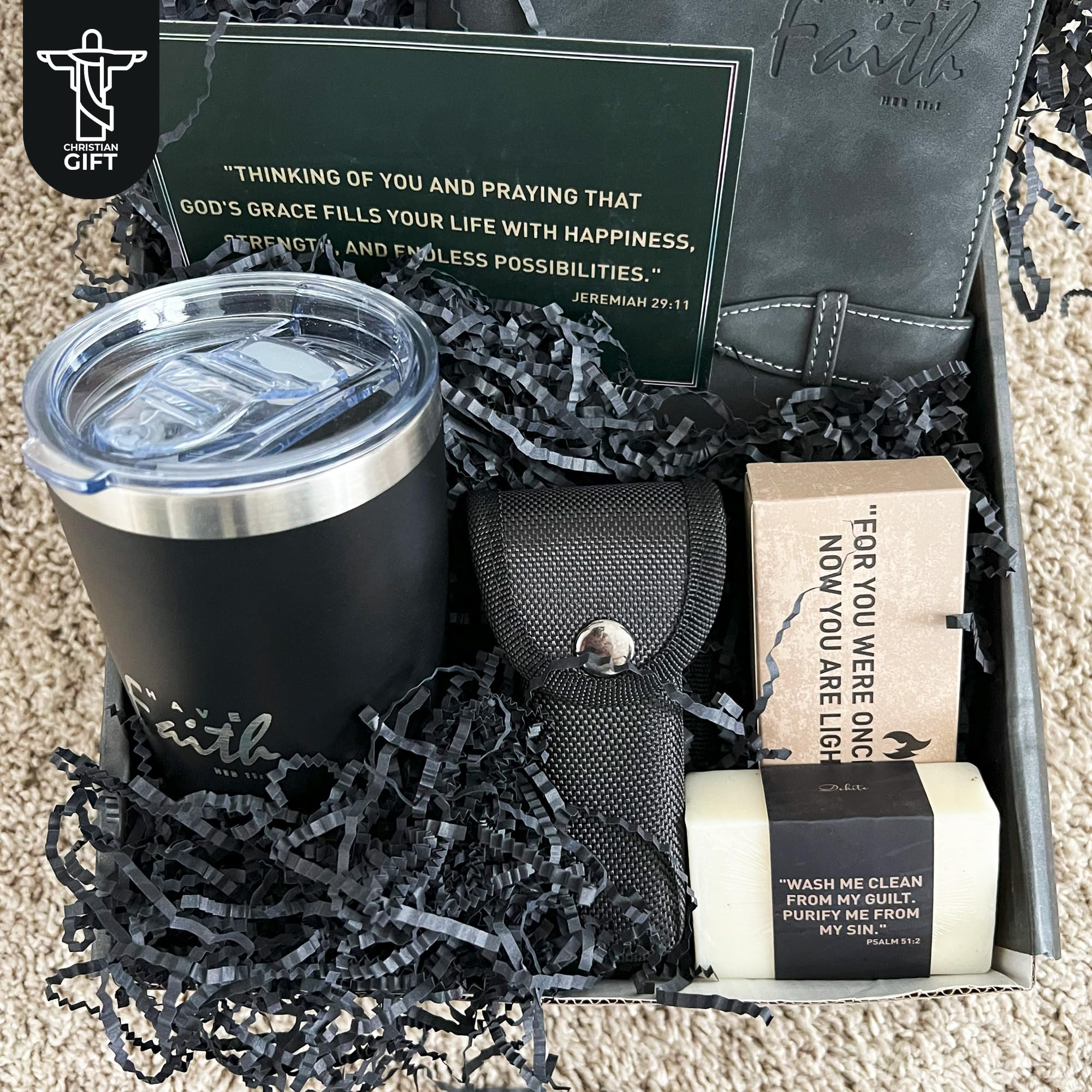 DEHITE Christian Gifts for Men - Religious Gift Basket for Men - Insulated Tumbler - Black Premium Faux Leather Notebook - Multitool Pocket Knife - Christian Gift Box for Father