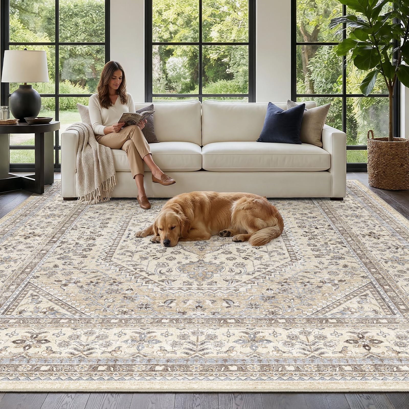 Puino 10x10 Square Washable Area Rug in Beige and Gray