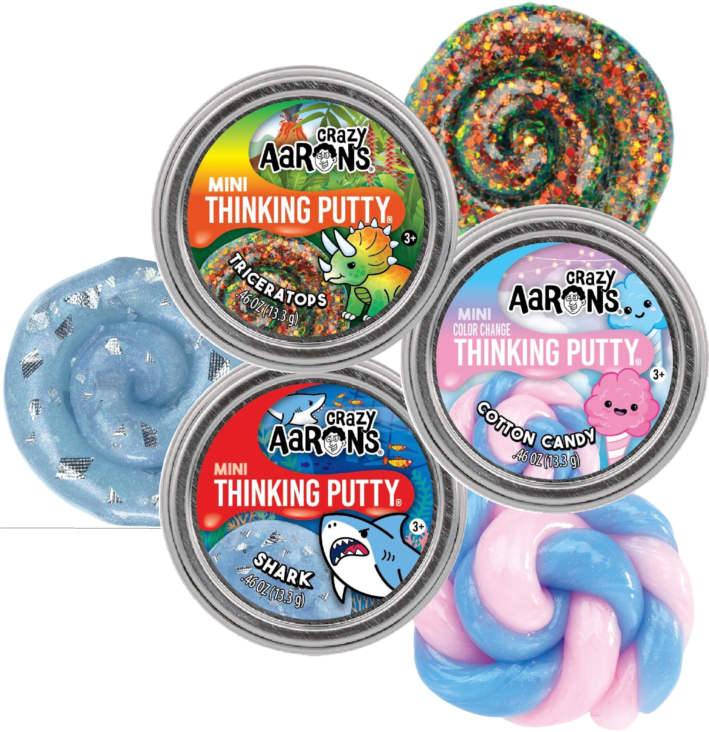Crazy Aaron's Putty Mini Tins Triceratops, Cotton Candy & Shark Gift Set Bundle - 3 Pack (13.3g Each)