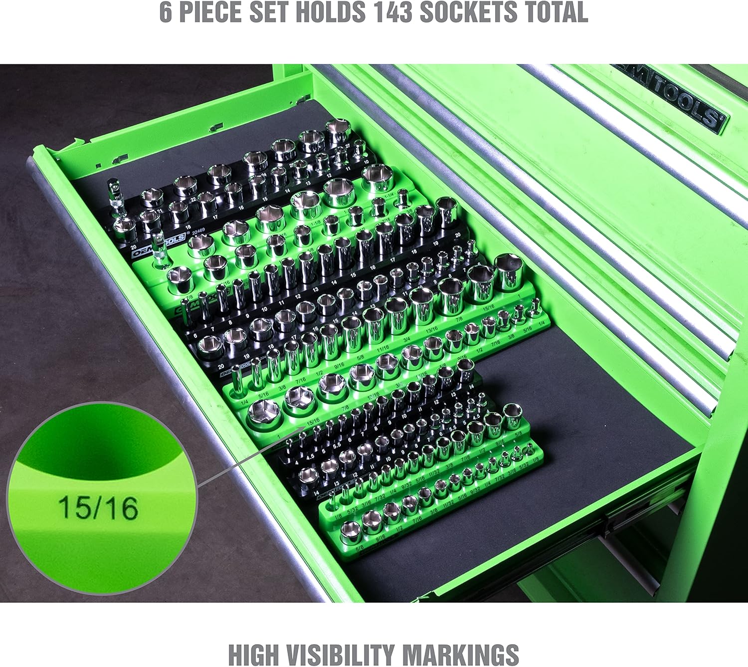 OEMTOOLS 22488 6 Pack Set Metric and SAE Magnetic Socket Tray Set, Black and Green Socket Organizers, 1/4, 3/8, 1/2 Inch Drive Socket Organizer Tray Set : Tools & Home Improvement