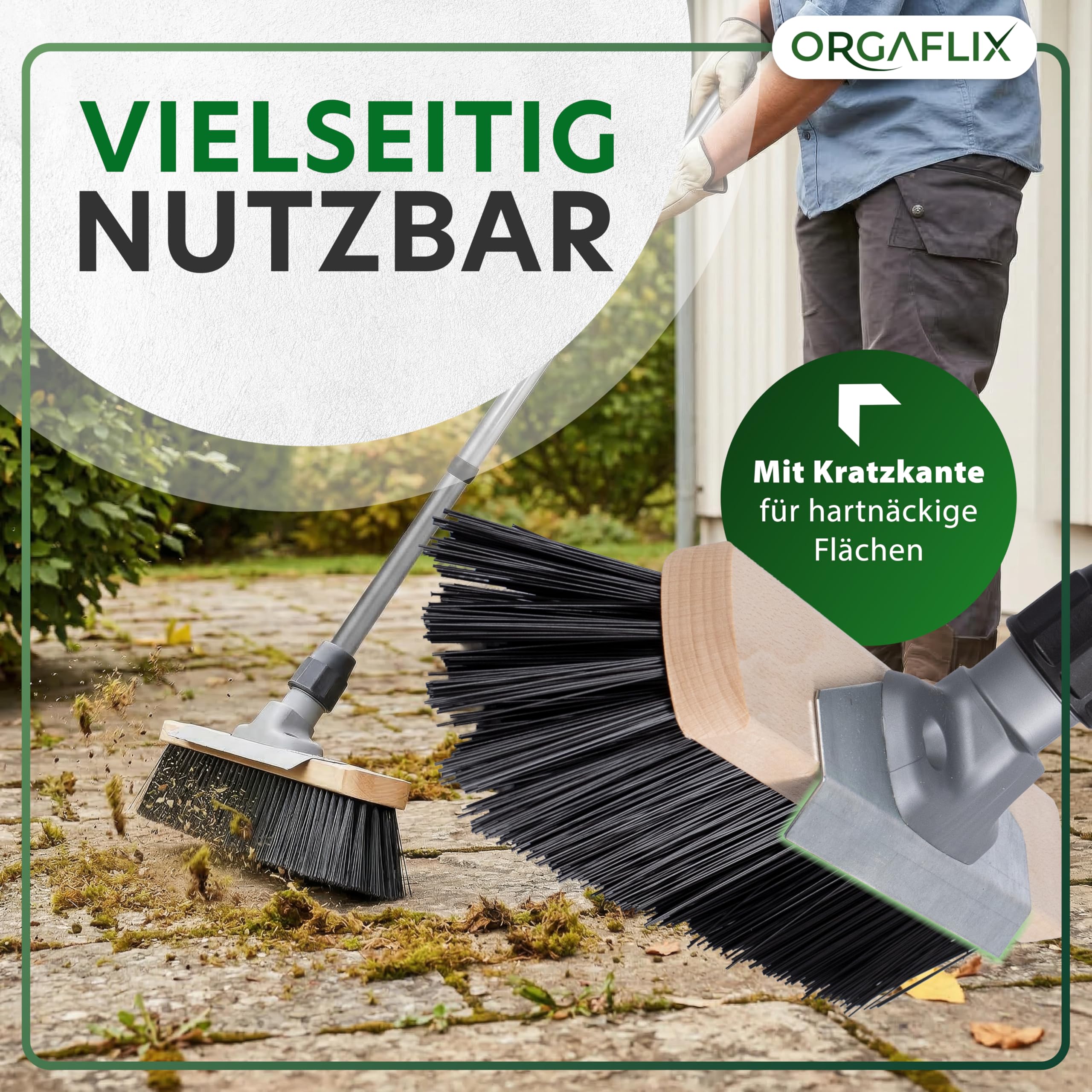 ORGAFLIX Straßenbesen mit Stiel 40cm, Gartenbesen mit Schabekante und Elastonborsten für hartnäckigen Schmutz, Erde, Kies, Kehrbesen für Außenbereiche, aus Deutscher Herstellung, Stiel aus Italien