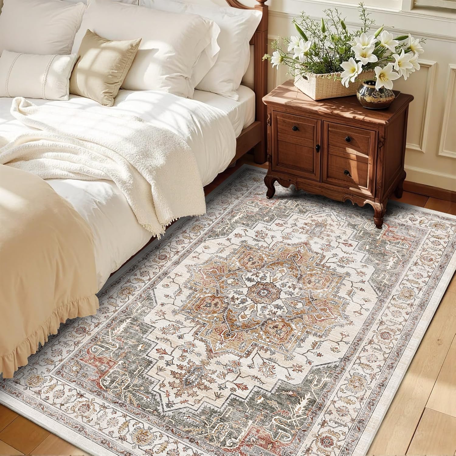 4x6 area rug for bedroom machine washable low pile vintage distressed rugs stain resistant faux wool rug ultra soft non-slip area rugs for living room, playroom, kitchen,home office 4' x 6' (rectangular) orange/gray