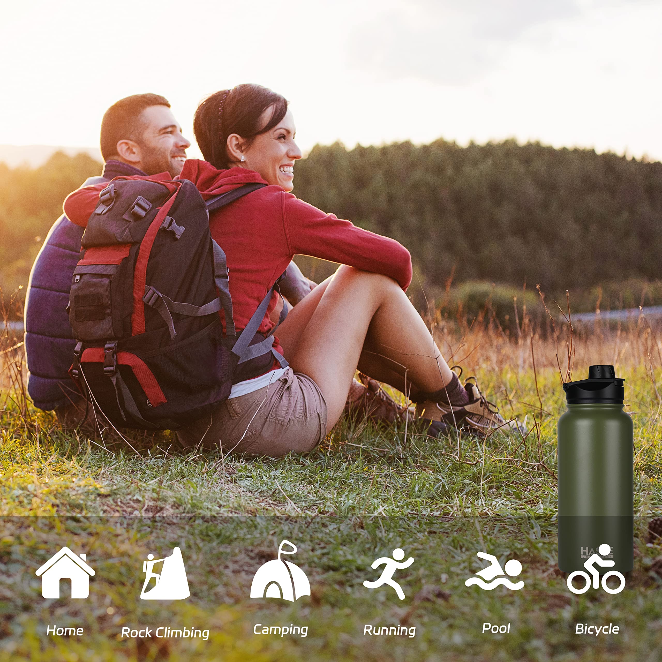HASLE OUTFITTERS - Botella De Agua Aislada De 32 Onzas De Acero Inoxidable De Doble Pared Con Vacío, Botella Deportiva De Agua Con 2 Tapas ( Tapa Con Pajita Y Boquilla) Para