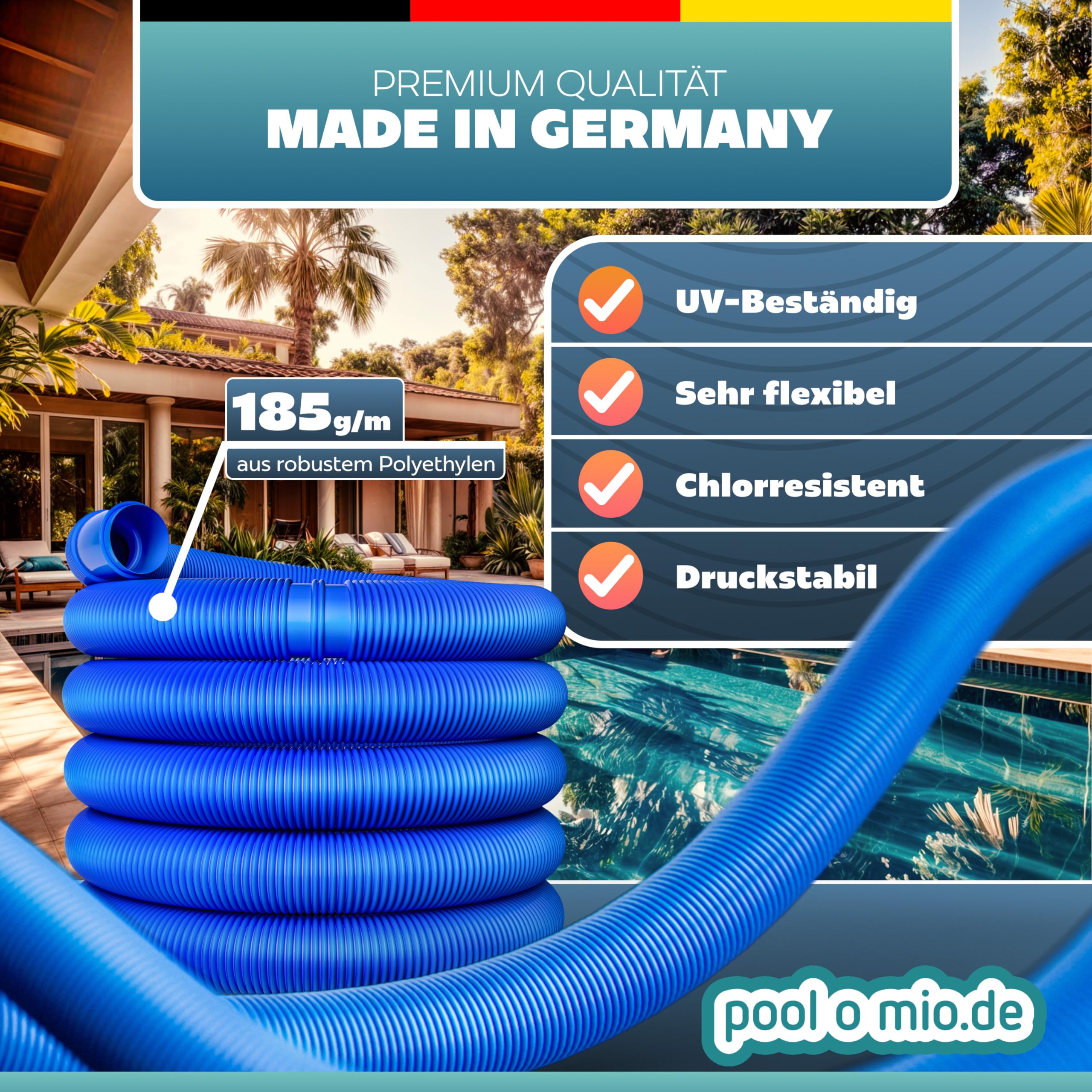 poolomio® Poolschlauch 32mm / 6,6 m - flexibler Schwimmbadschlauch für Poolpumpe & Poolsauger – UV- & Chlorbeständiger Spiralschlauch – Hochwertiger Druck- & Saugschlauch als Poolzubehör, Blau