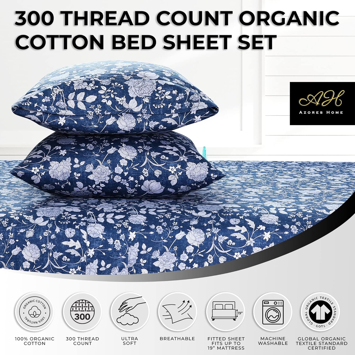 Azores 300 Thread Count Organic Cotton Deep Pocket Bed Sheet Set, Fits up to 19 Inch Mattress - Twin XL, Kate/Dark Blue