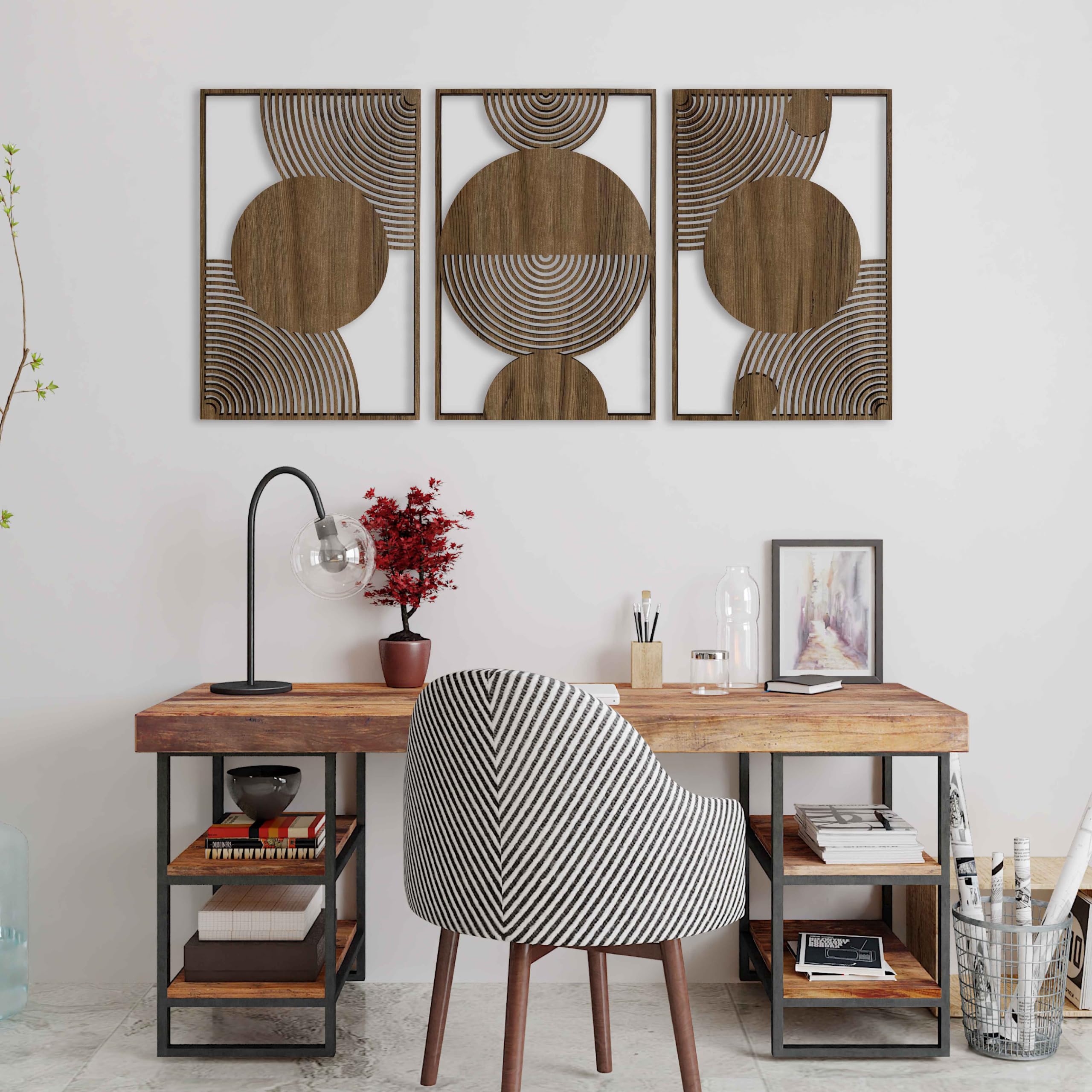 Mid Century Moderne Wanddekoration aus Holz, 3 vertikale Paneele