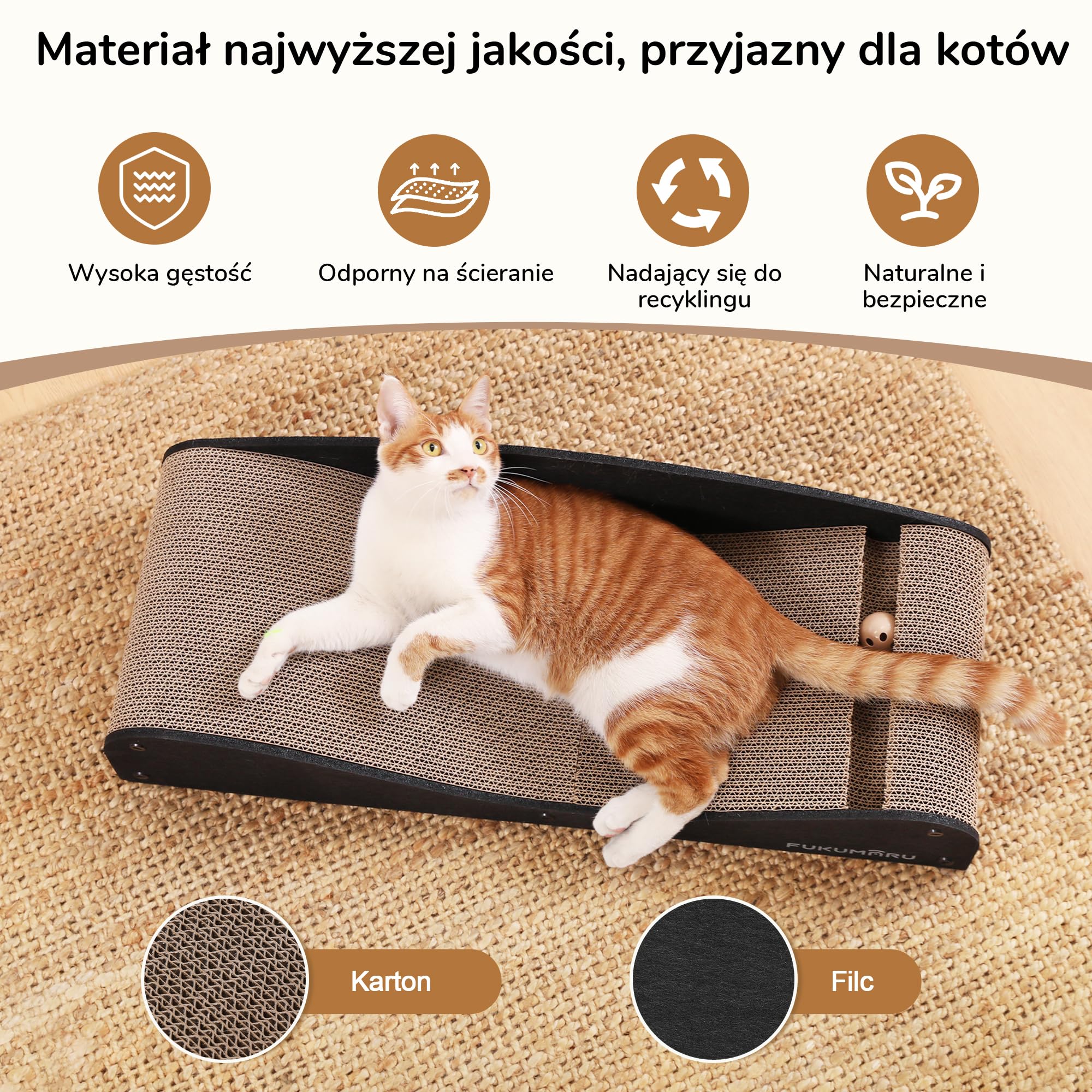 FUKUMARU Kartonowe legowisko dla kota z drapakiem, bardzo długie 74 cm, naturalny filc, wielofunkcyjne legowisko z drapakiem, drapak dla kota z zabawką w kształcie piłki, czarne