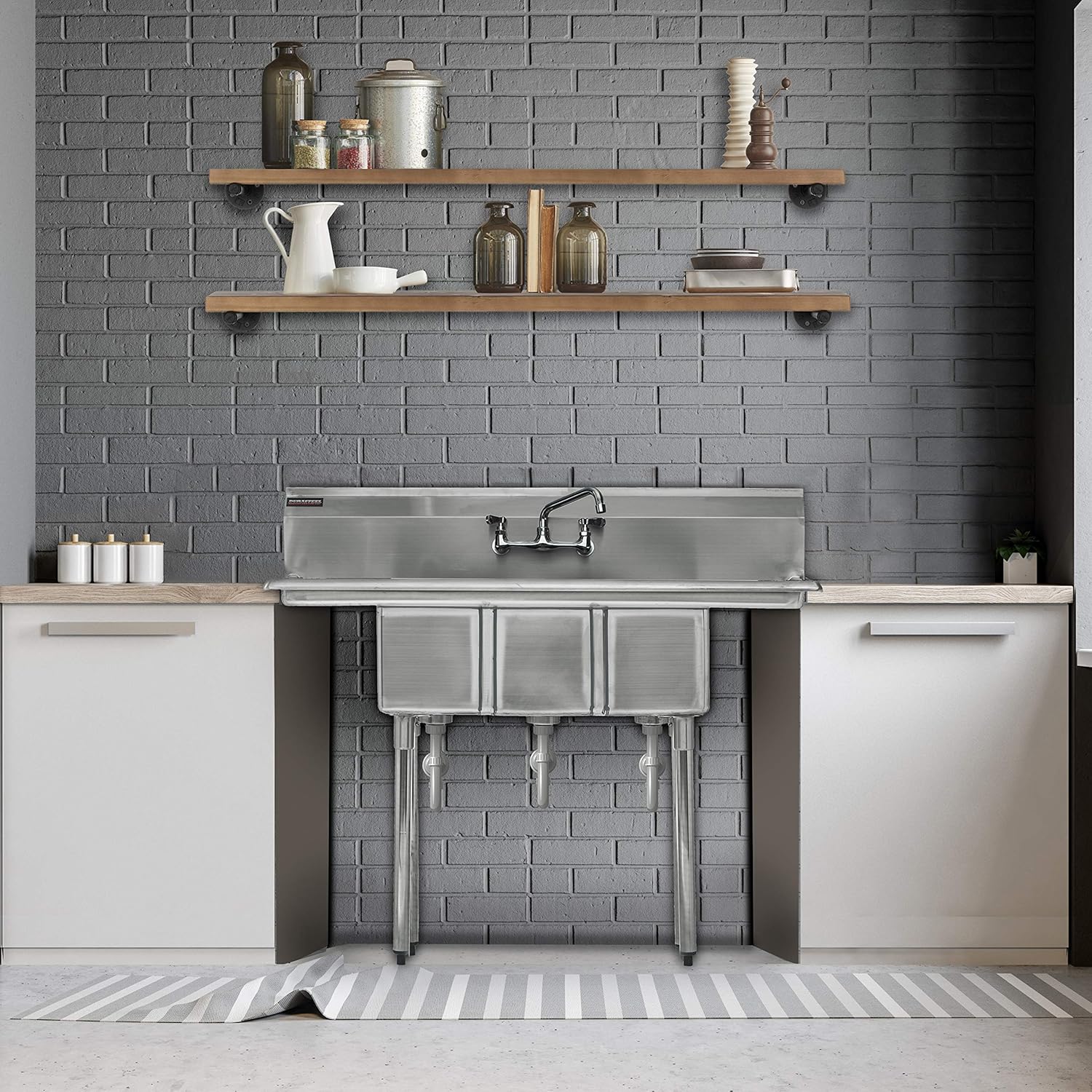 DuraSteel Stainless Steel Kitchen Sink - Triple 10" x 14" x 10" Bowl with No Lead Faucet - 3 Compartment Commercial Sink w/ Drainboards - For Restaurant, Laundry, Garage & Backyard - NSF Certified