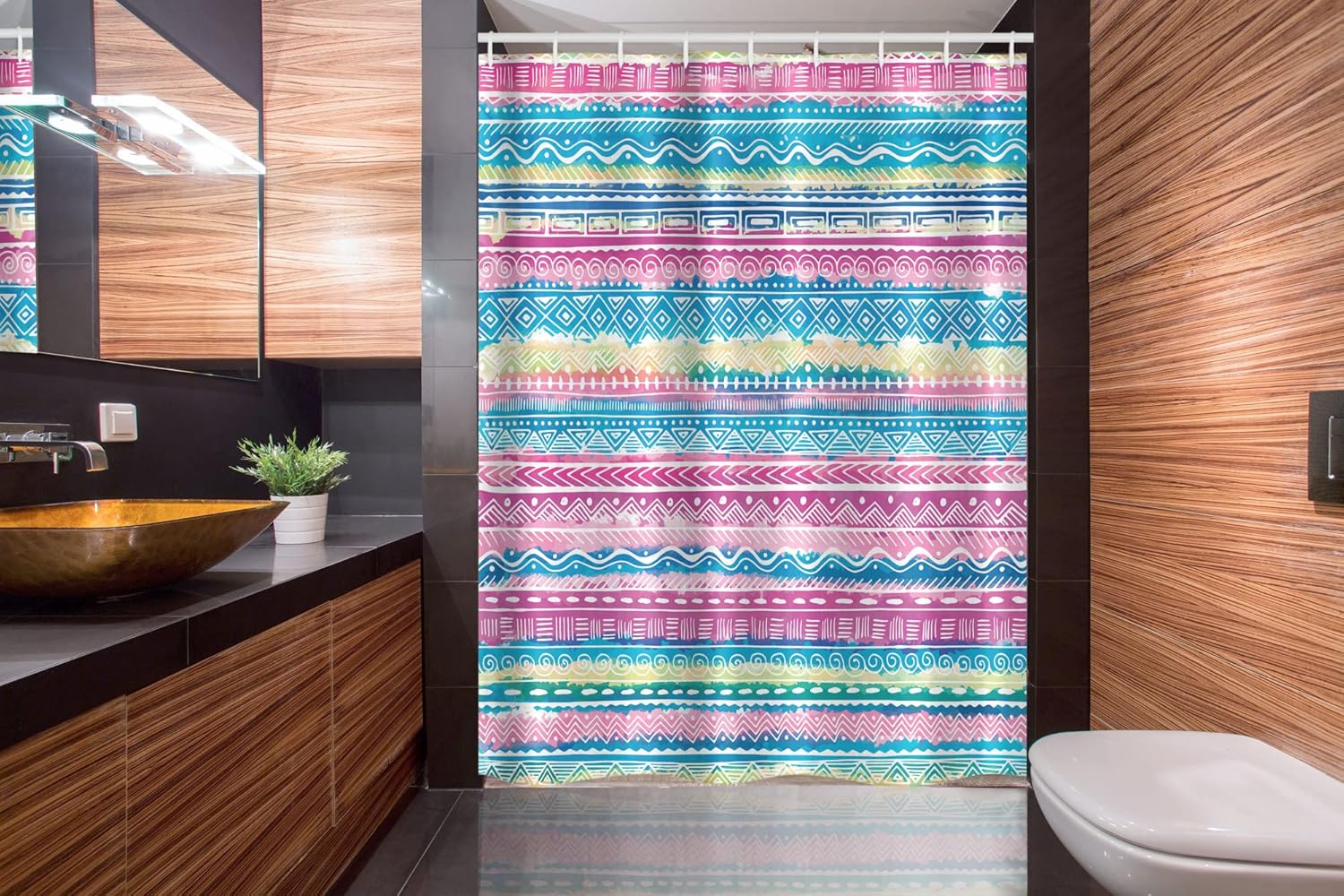 Ambesonne Tribal Stall Shower Curtain, Watercolor Tie Dye Effect Art Stripes Aquatic Theme Bohemian Aztec Print, Fabric Bathroom Decor Set with Hooks, 54" W x 78" L, Blue Pink Cream