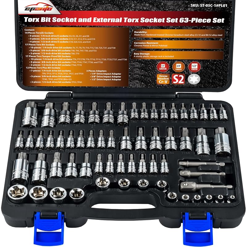 Kit de Soquetes Torx, Torx de Segurança, Torx Plus e Externos EPAuto ST-05C-1 com 63 Peças