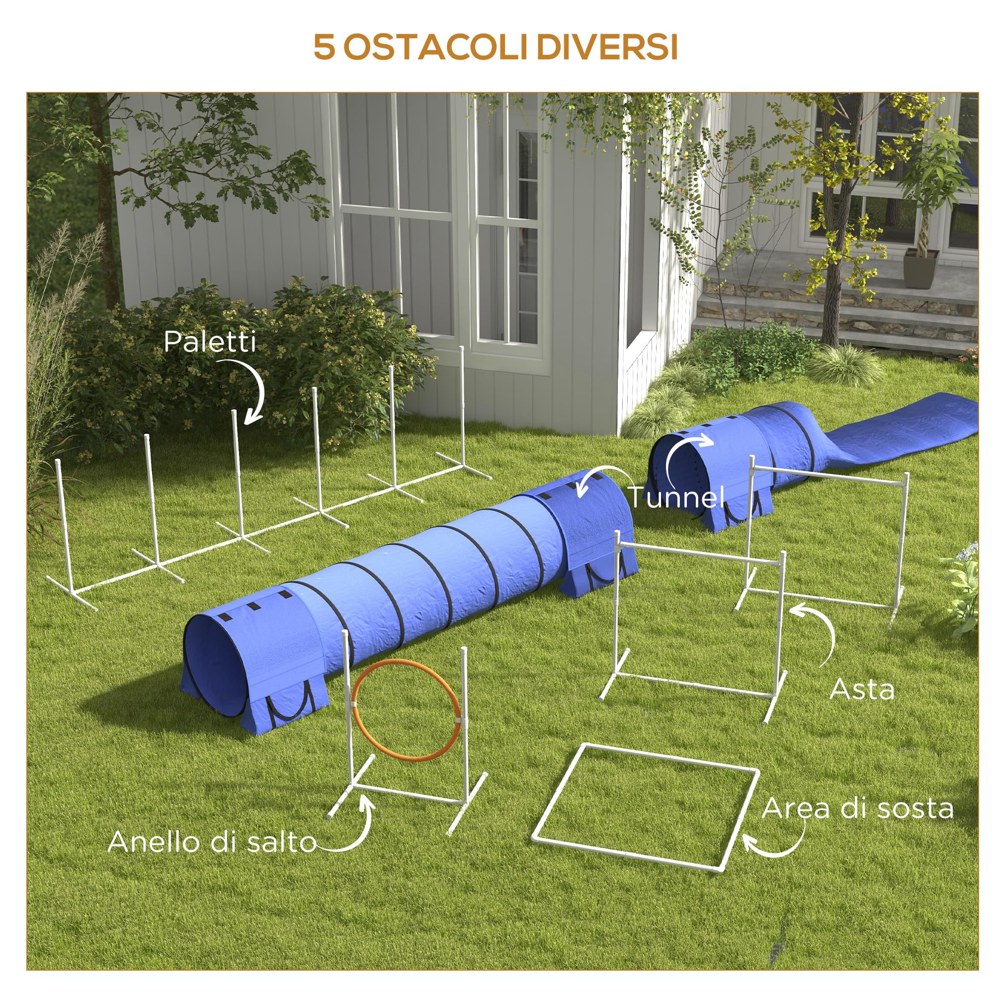 PawHut Set Agilty Dog 7 Pezzi con Fischietto, 2 Picchetti e 3 Sacchi di Sabbia, Percorso Agility Dog in Plastica e ABS con Borsa da Trasporto, 67x63x93 cm, Bianco Arancione Blu