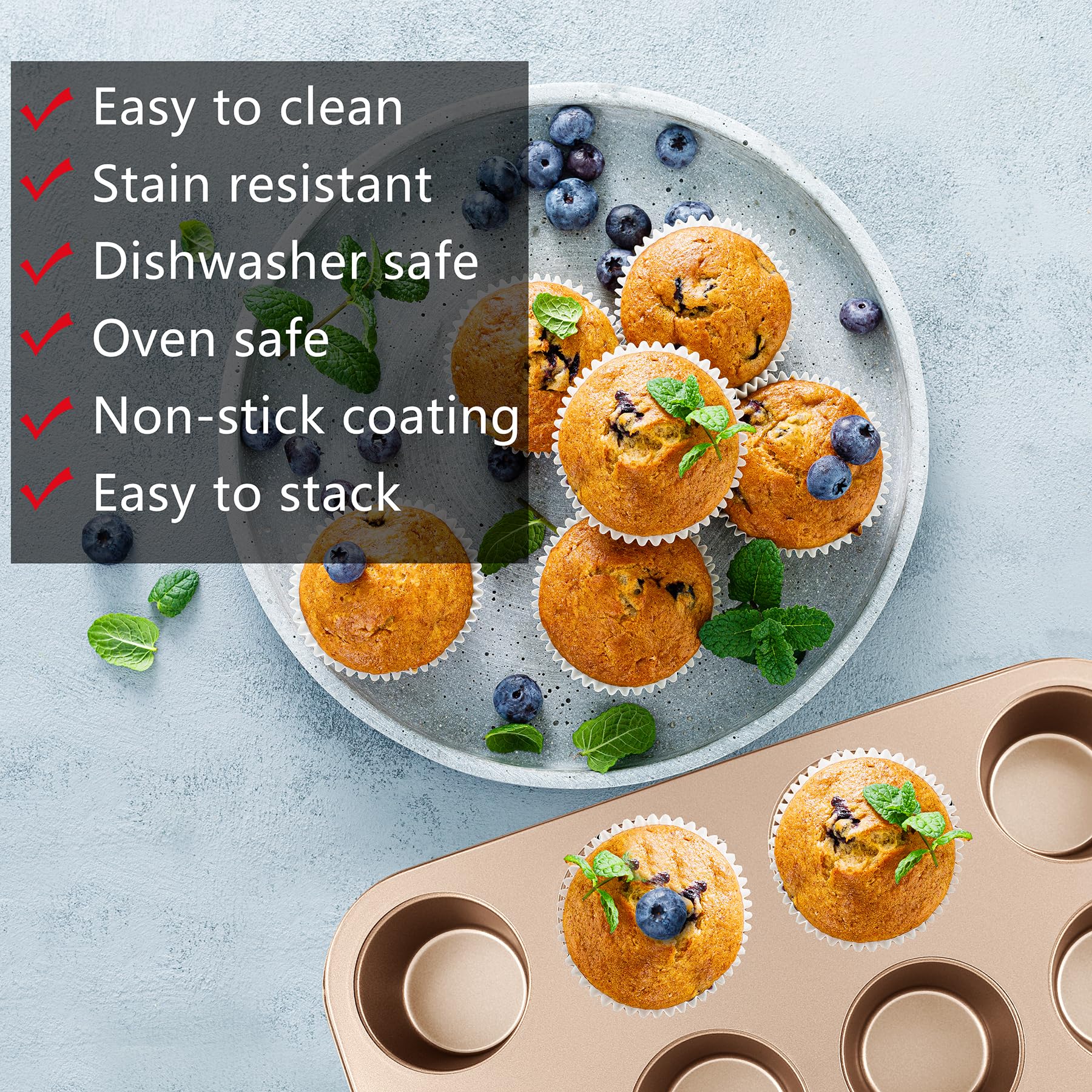 mobzio - Juego de sartenes antiadherentes para hornear, 5 piezas para horno, utensilios para hornear con molde redondo/cuadrado, molde para magdalenas, molde para pan, asado, juego de bandejas para