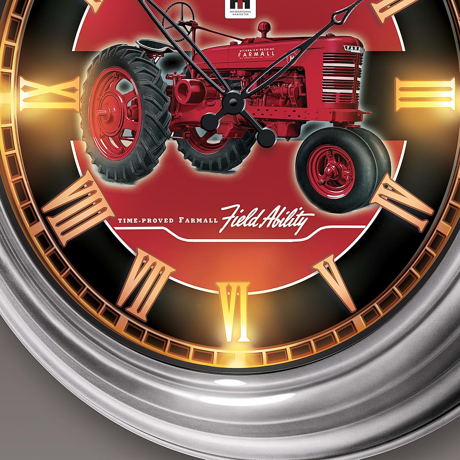 The Bradford Exchange Farmall Illuminated Outdoor Atomic Wall Clock Featuring A Glass-Encased Face with Art of Classic Model H Tractor & Time-Proved Slogan