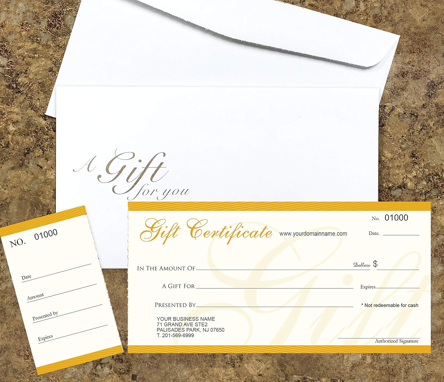 Custom Gift Certificates Cards with Envelopes 50 Set - NJ67SB - Gift Coupons, Vouchers for Small Business