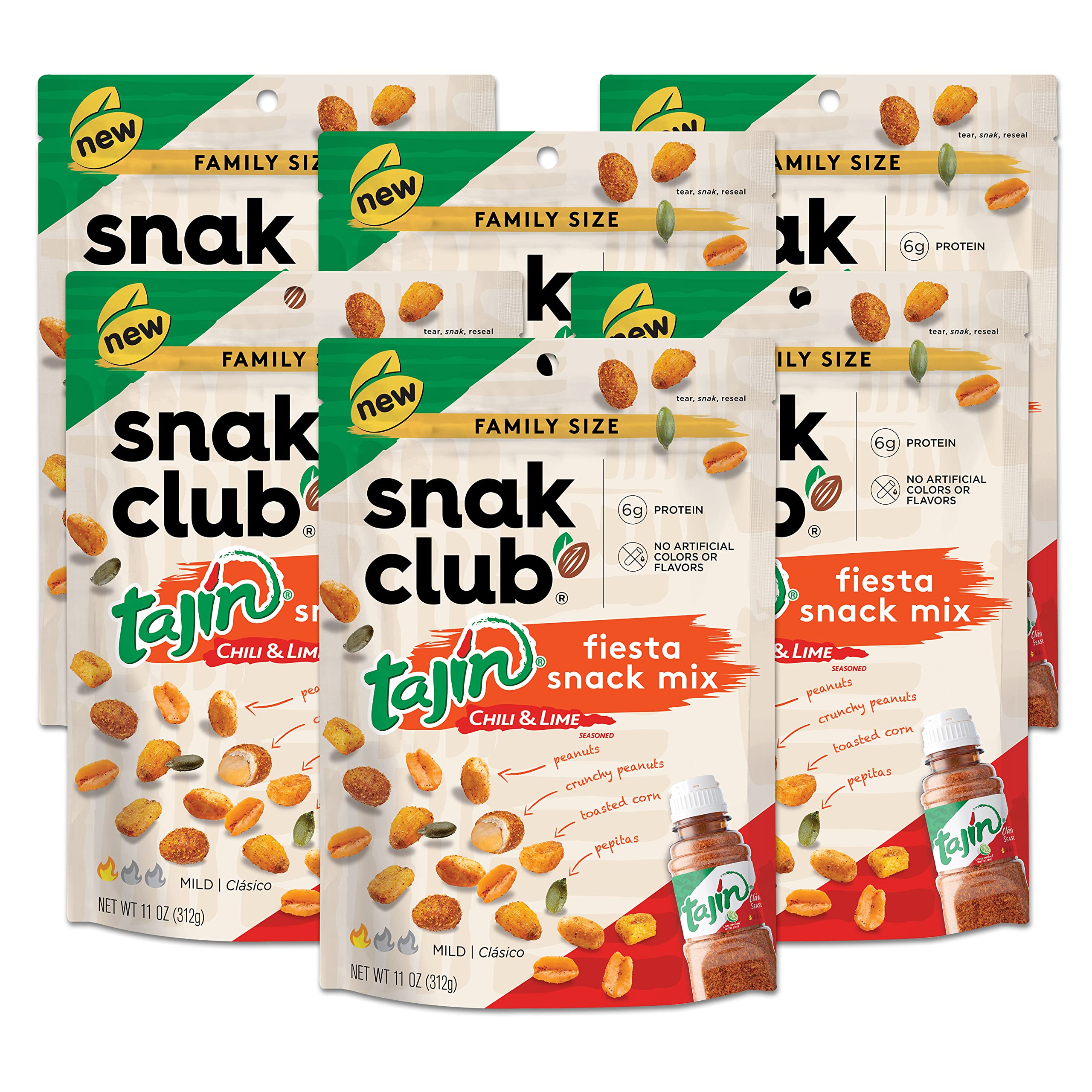 Snak ClubTajin Fiesta Snack Mix, Chili & Lime Flavored Peanuts, Pepitas & Corn, Crunchy Snacks, Mild in Heat Bold in Flavor, 11oz Resealable Bag (Pack of 6)