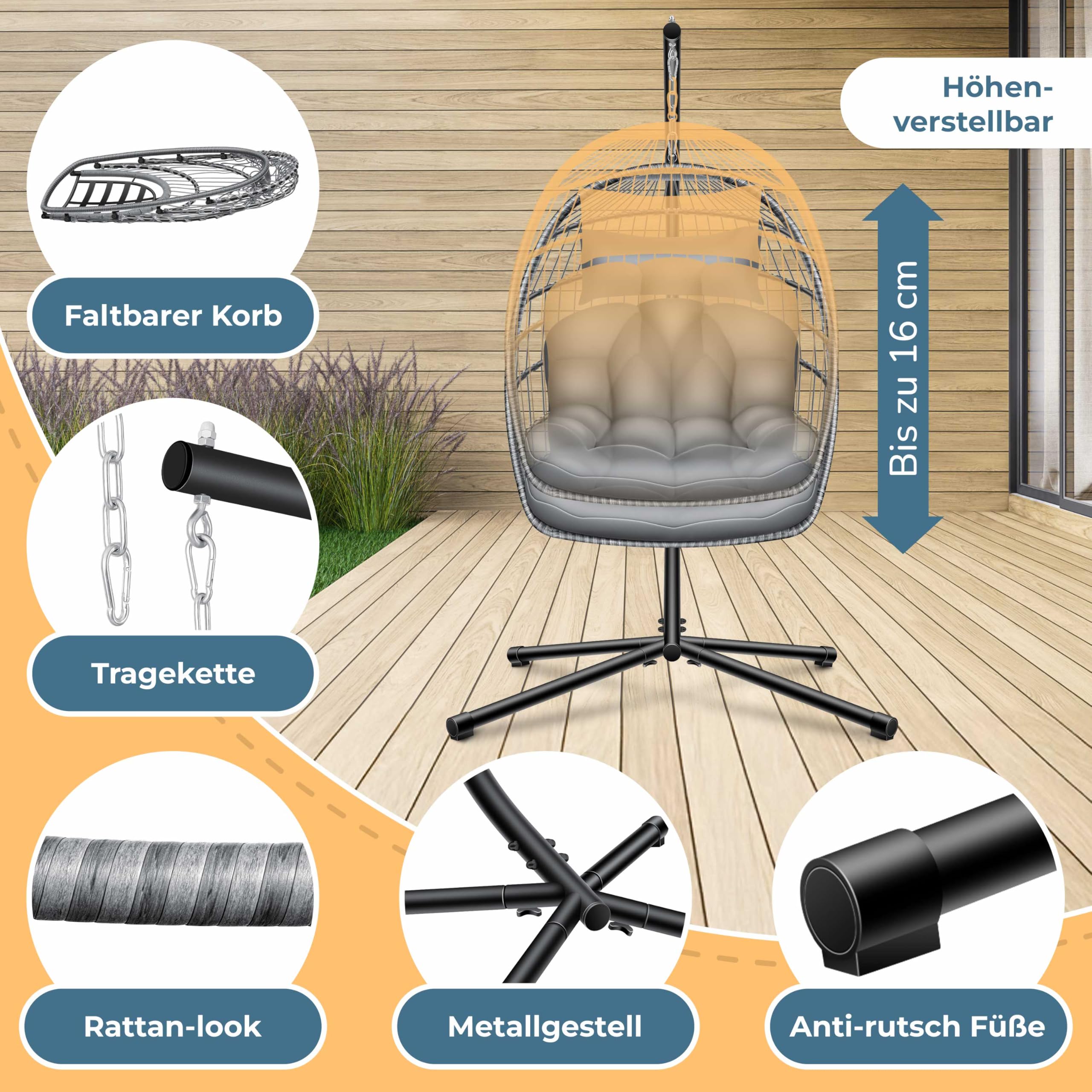 KESSER® Hängesessel Jungle mit Gestell Stahl Hängekorb Sessel Großen Kissen + Decken Halterung + Cover Hängeschaukel Hängesitz Indoor - Outdoor Schaukel Hängestuhl für Kinder und Erwachsene, Grau