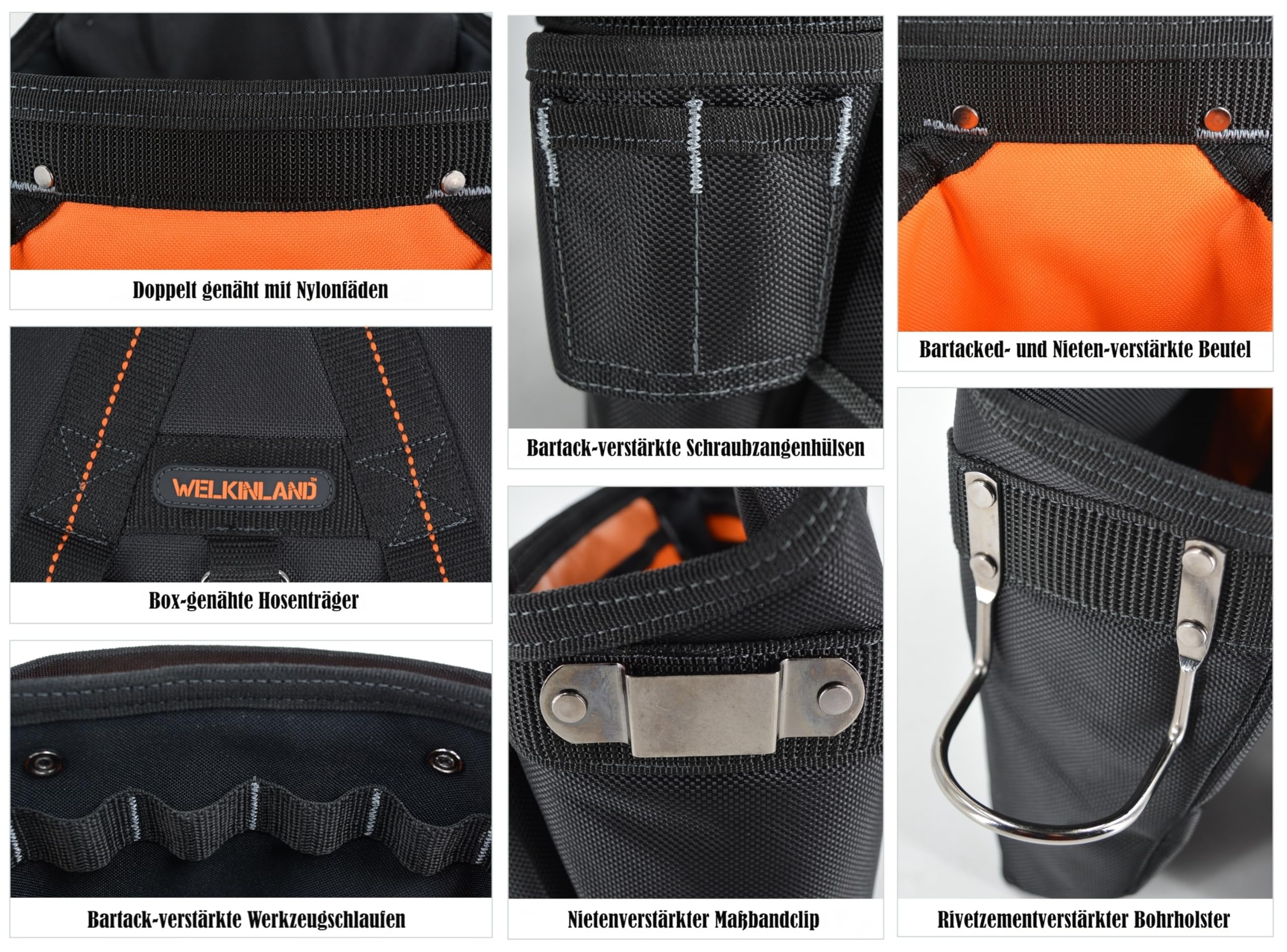 Herren-Werkzeuggürtel mit 39 Taschen und Hosenträgern, 10 cm gepolsterter Werkzeuggürtel, Zimmermannstasche, Schwarz mit Orange, Einheitsgröße