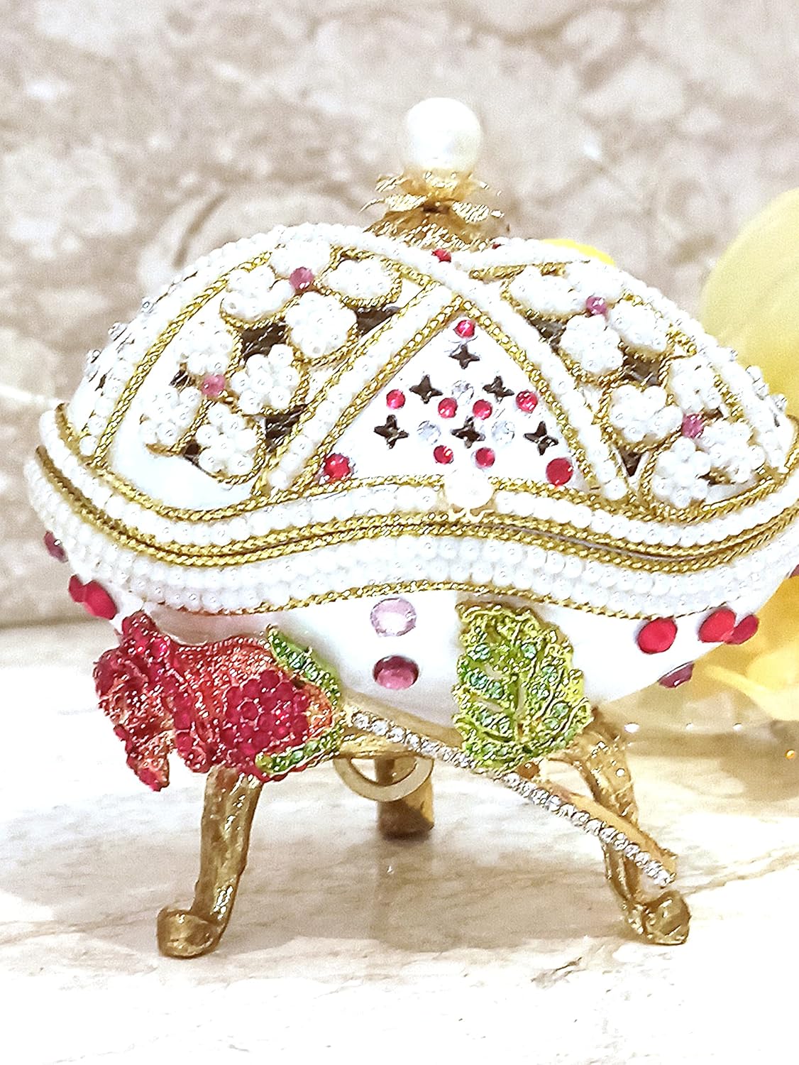 Womens Day Designer Rose Fabergé Egg Limited Edition Gift for Women Faberge Egg Music & Sterling Silver Ruby Heart & Bracelet September Gift Idea for Love Fabergé Real Egg 24K Gold