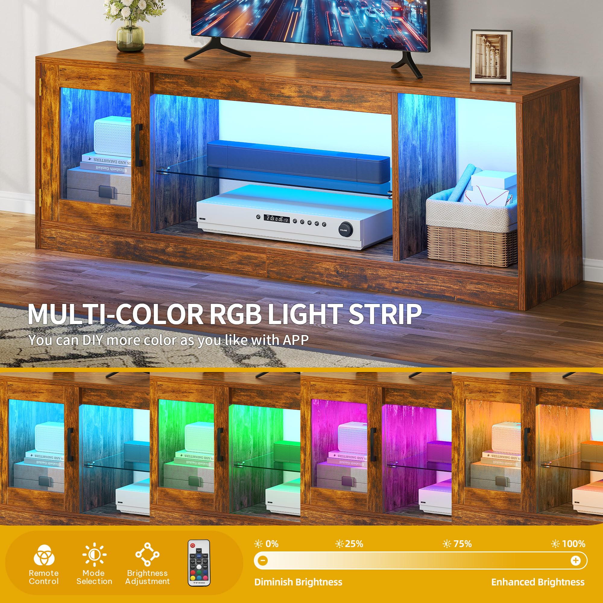 DWVO 148cm Mobile TV con Illuminazione LED RGB 22 Modalità Per TV fino a 65 Pollici Scaffale con Ripiani in Vetro Regolabili Ideale per Soggiorno e Camera da Letto