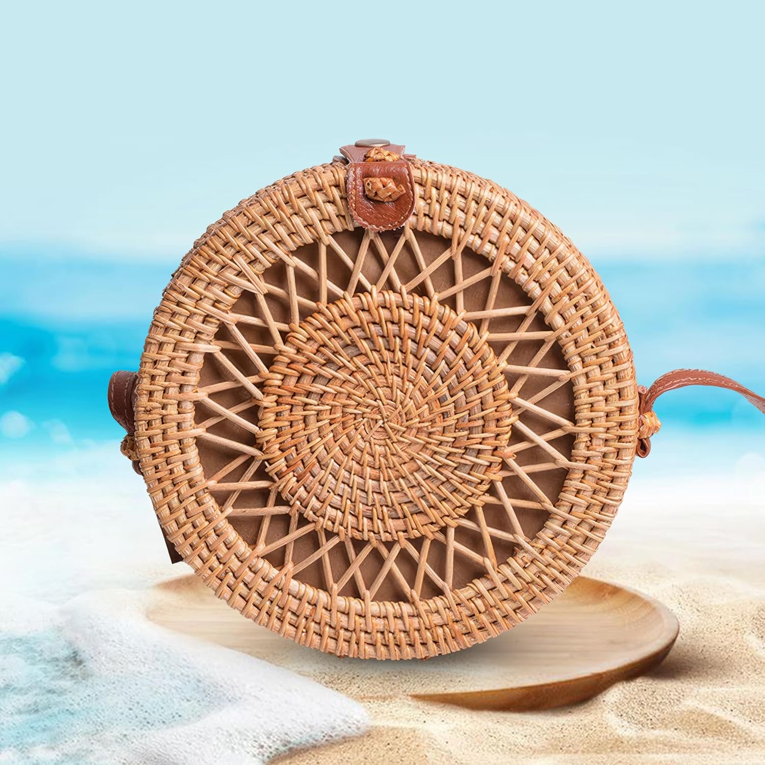 Handwoven Round Rattan Purse Crossbody – Straw Basket Wicker Bag for Women – Circle Summer Handbag