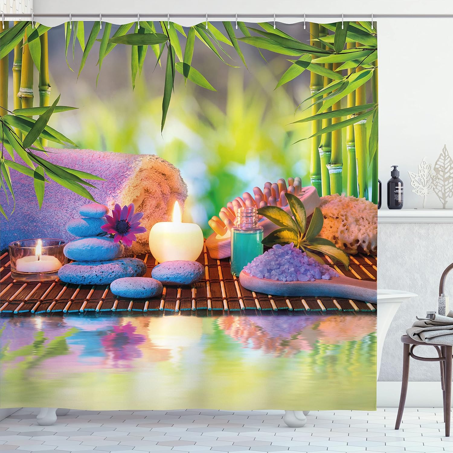 Ambesonne Spa Themed Shower Curtain, Stones Candles and Eastern Folk Relaxation Themed Botanical Trees Scene Print, Cloth Fabric Bathroom Decor Set with Hooks, 69" W x 70" L, Multicolor