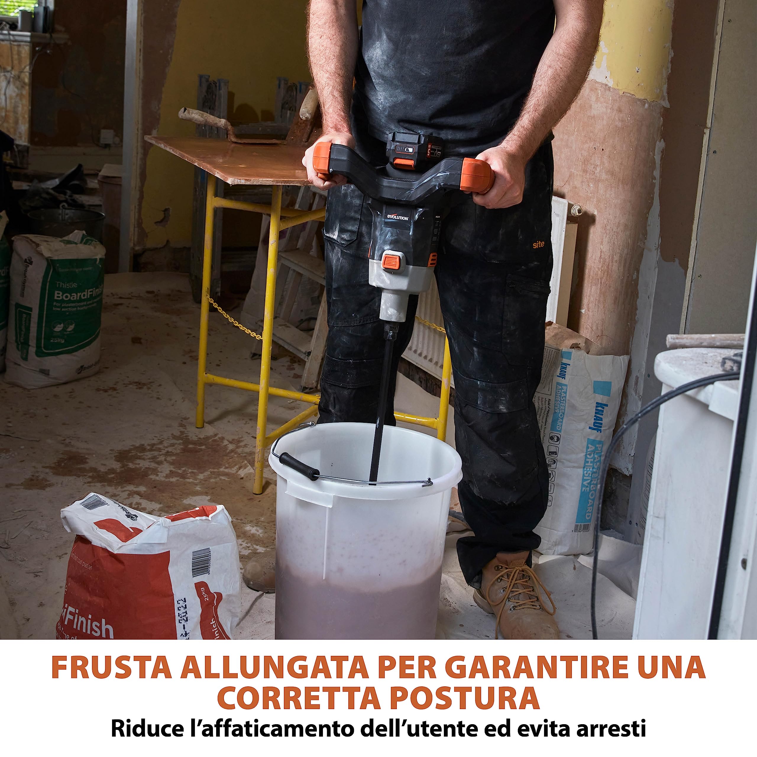 Evolution Power Tools R120MXR-LI (Caricata) - Miscelatore Senza Fili, Portatile, Pagaia Inclusa (Perfetto Per Gesso, Vernice, Malta, Cemento), Batteria E Caricabatteria Inclusa